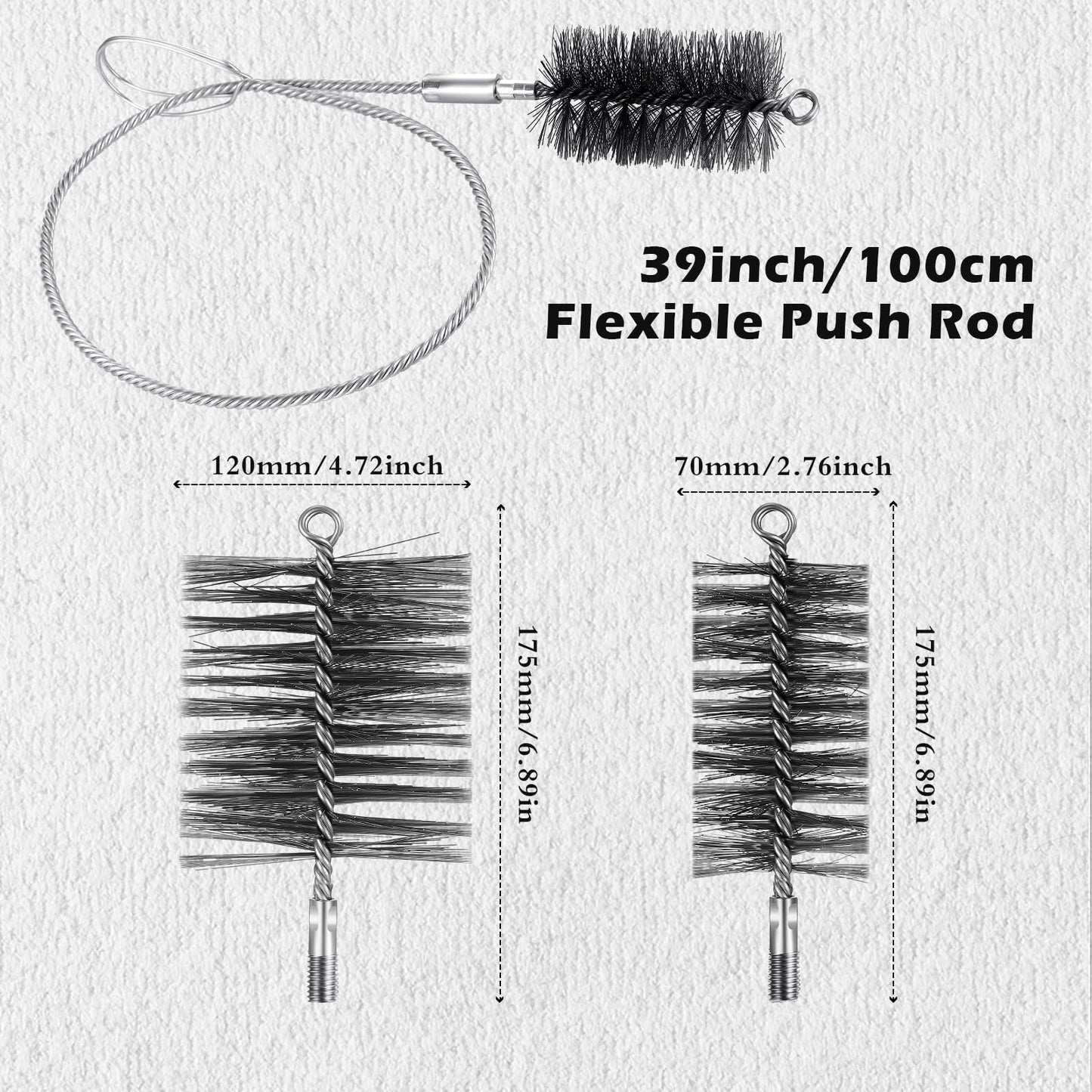 Nuenen 3 Piezas Set Cepillos para Tubo de Estufa de 70 mm y 120 mm con Varilla Flexible Cepillos para Limpiar Tubos de Chimeneas Deshollinador de Limpieza de Horno para Caldera de Chimenea Hogar
