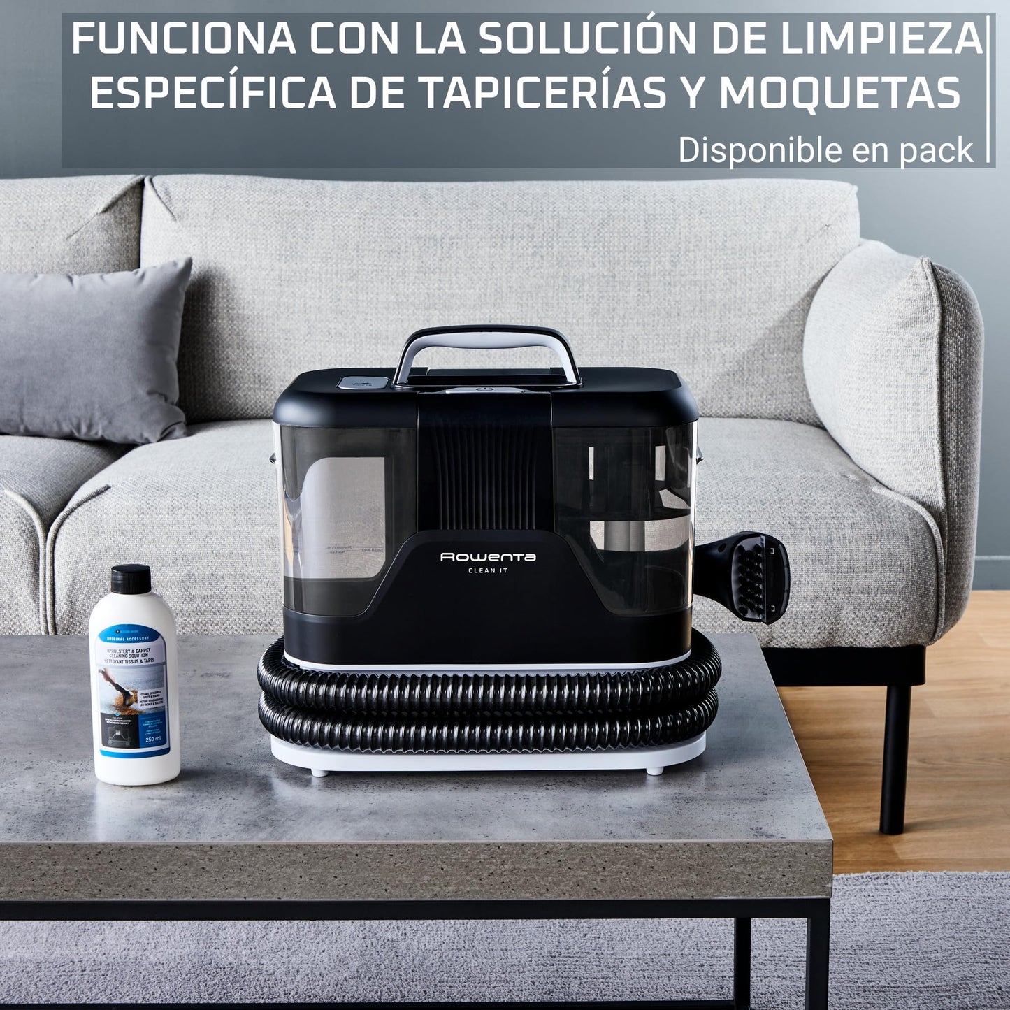 Rowenta Clean It, Aspirador de tapicerías multiuso, Gran depósito extraíble de 1,8 L de agua limpia y 1,5 L de agua residual, Diseño compacto, 12,5 kPa, 400 W, Autolimpieza, Blanco y Negro, IN5010