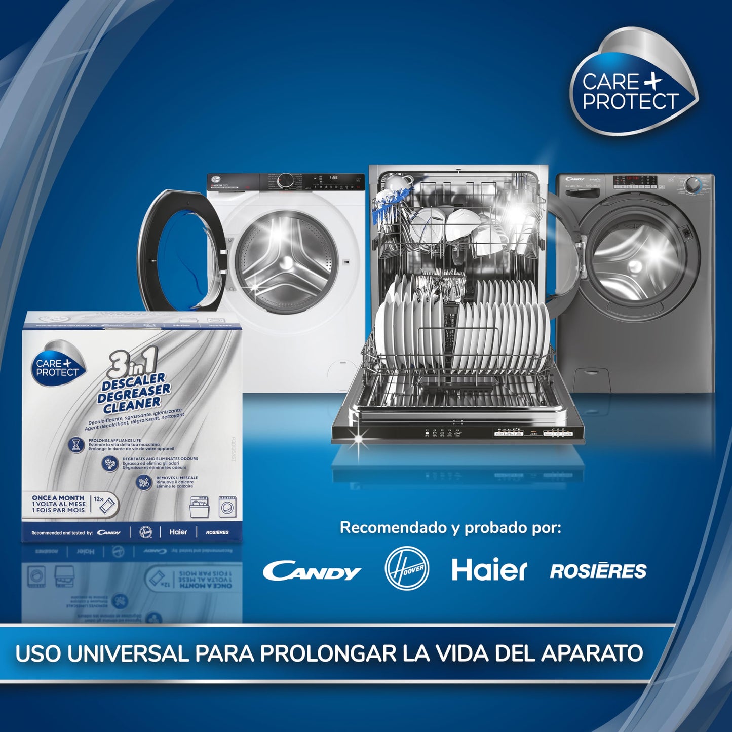 CARE + PROTECT Limpiador Lavadora/Lavavajillas 3 en 1 Eliminador de cal, Desengrasante, Limpiador higiénico, Universal, 12 sobres para 12 meses