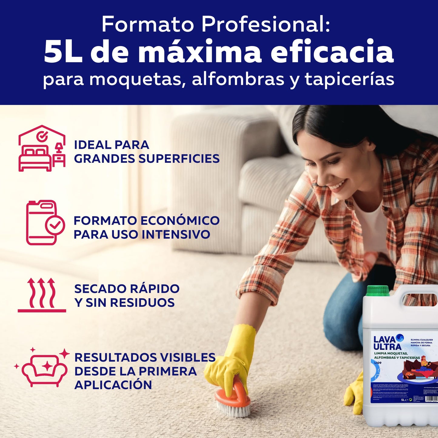LavaUltra L109 Limpiador para Moquetas y Tapicerías, 5 Litros + Spray 750ml, Limpiador para Alfombras, Sofás y Textiles en Spray, Eficaz Contra Manchas Difíciles, Quitamanchas Profesional