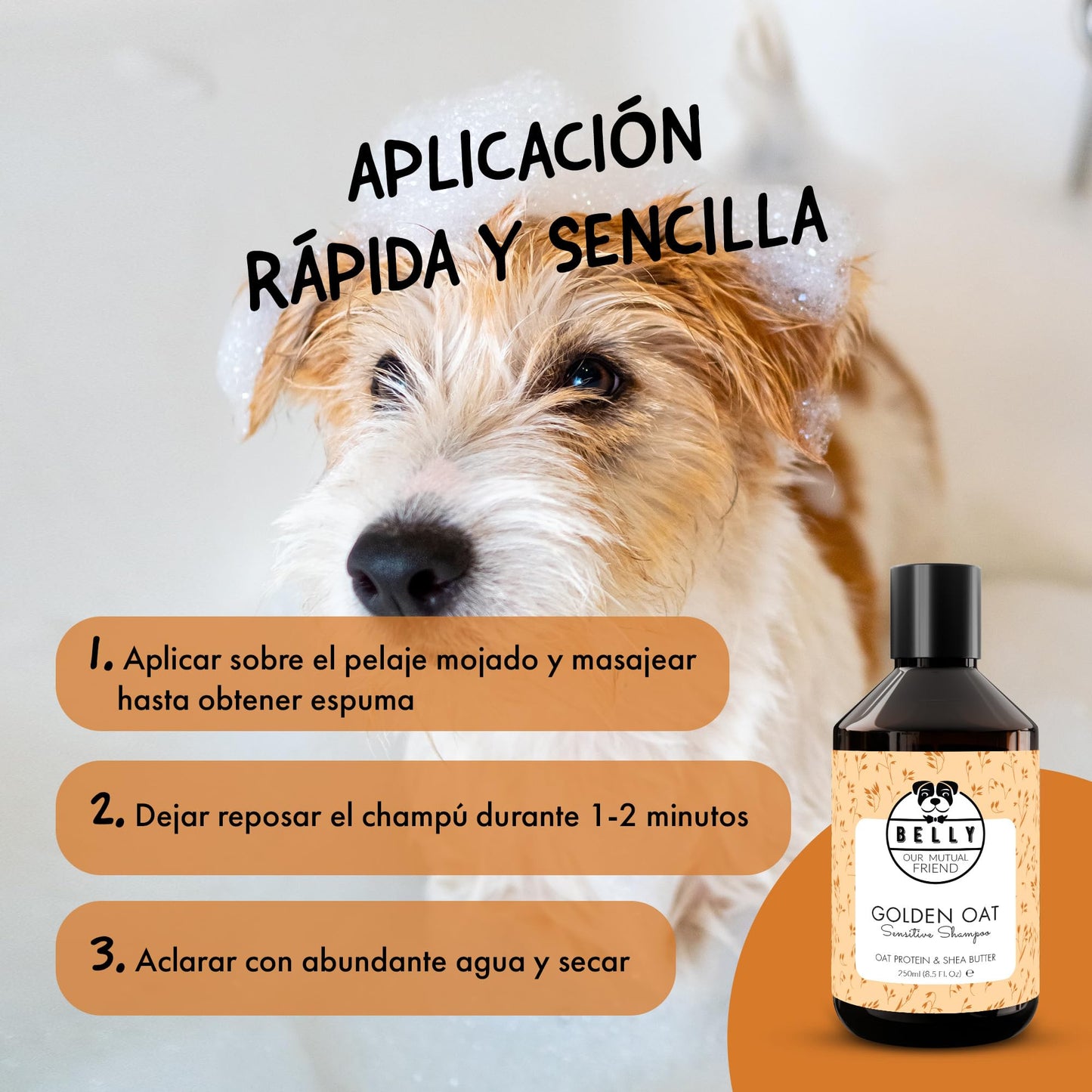 Belly Champú Perros Dermatitis y Picores - Champu para Perros, Calma el Picor y la Irritación - Ideal para Piel Sensible de Cachorros y Adultos - Champu Perros Dermatitis (Avena)