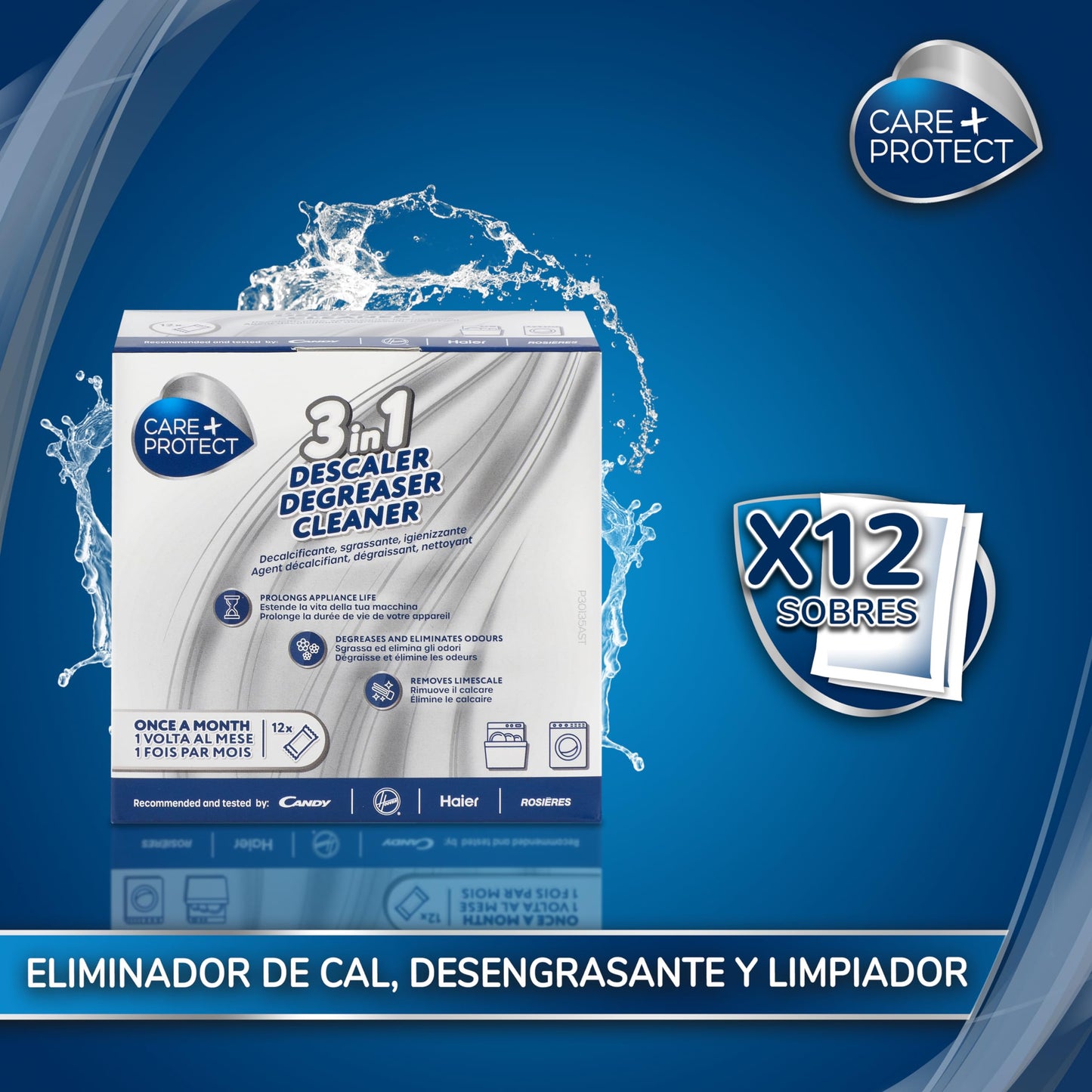 CARE + PROTECT Limpiador Lavadora/Lavavajillas 3 en 1 Eliminador de cal, Desengrasante, Limpiador higiénico, Universal, 12 sobres para 12 meses