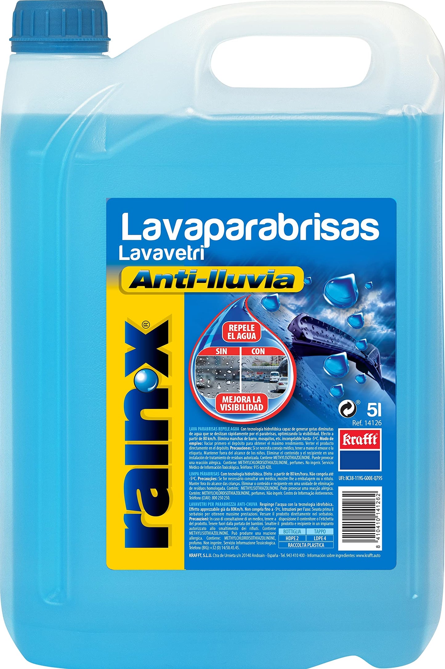 Rain-X 14126 Lavaparabrisas anti-lluvia protección -5°C, Fabricado en España, Repelente lluvia, Parabrisas, 5 litros