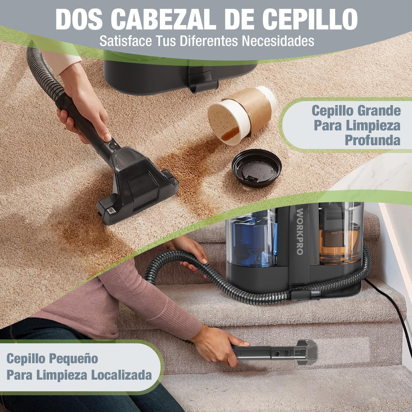 WORKPRO Aspiradora de Agua Tapiceria, Limpiador de Tapicerias de 450W, Aspiradora para Alfombras con Detergente, Limpia Moquetas, Maquina Aspirador para Tapicerias, Sofá, 75 dB