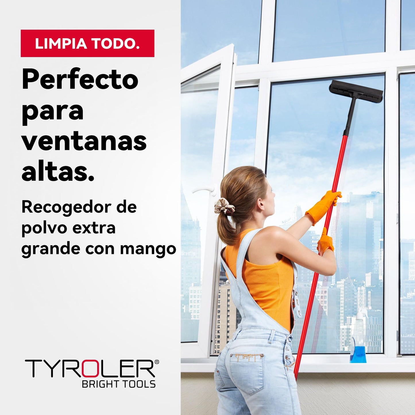 Tyroler Rasqueta Limpiacristales Telescópico Profesional para Ventanas | 30 a 205 cm Palo Limpia Cristales Extensible para Ventanas | Kit de Escobilla Limpiador de Cristales 2 en 1