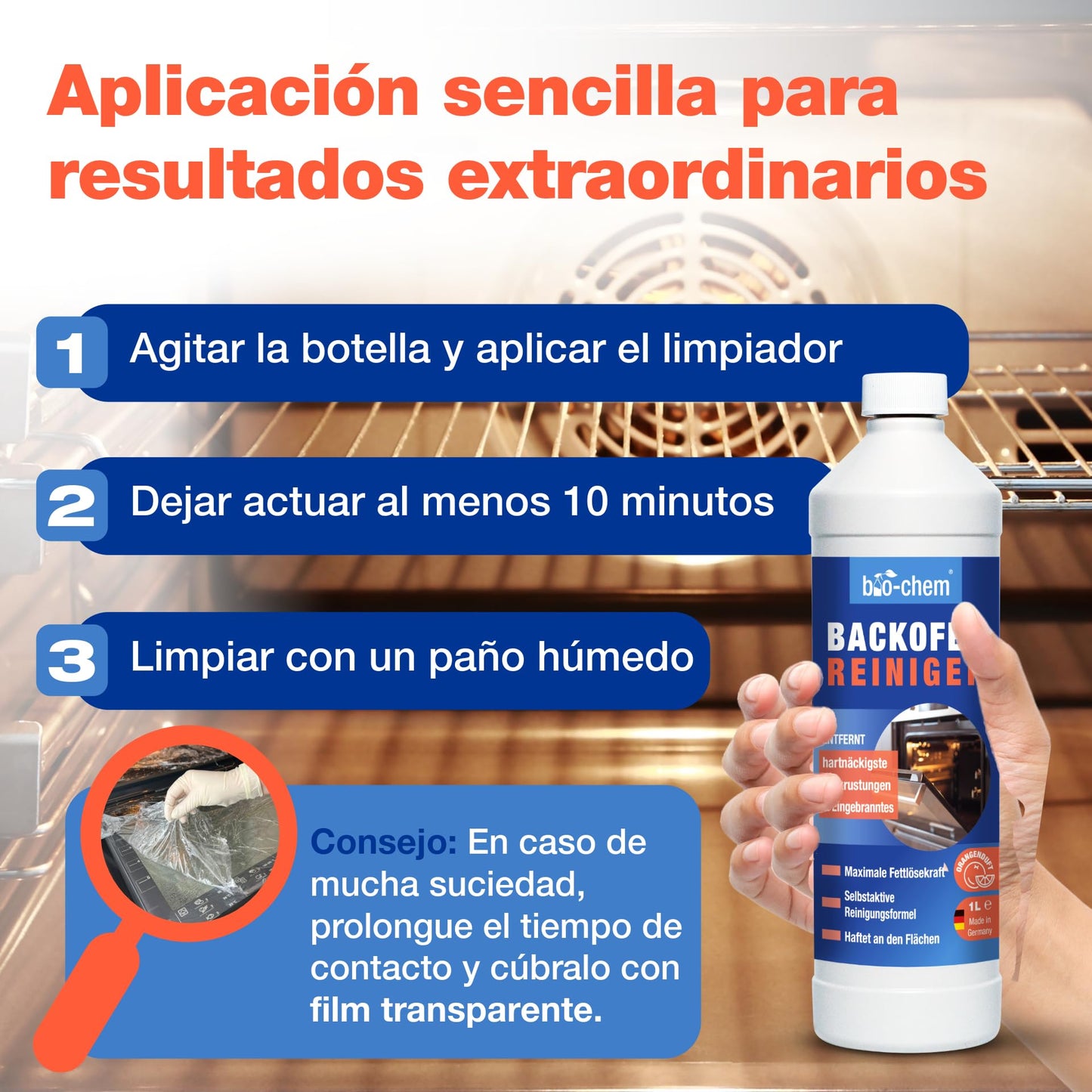 Bio-Chem - Gel limpiador de hornos 1L + cepillo - Productos para el hogar - Producto profesional para la limpieza de incrustaciones
