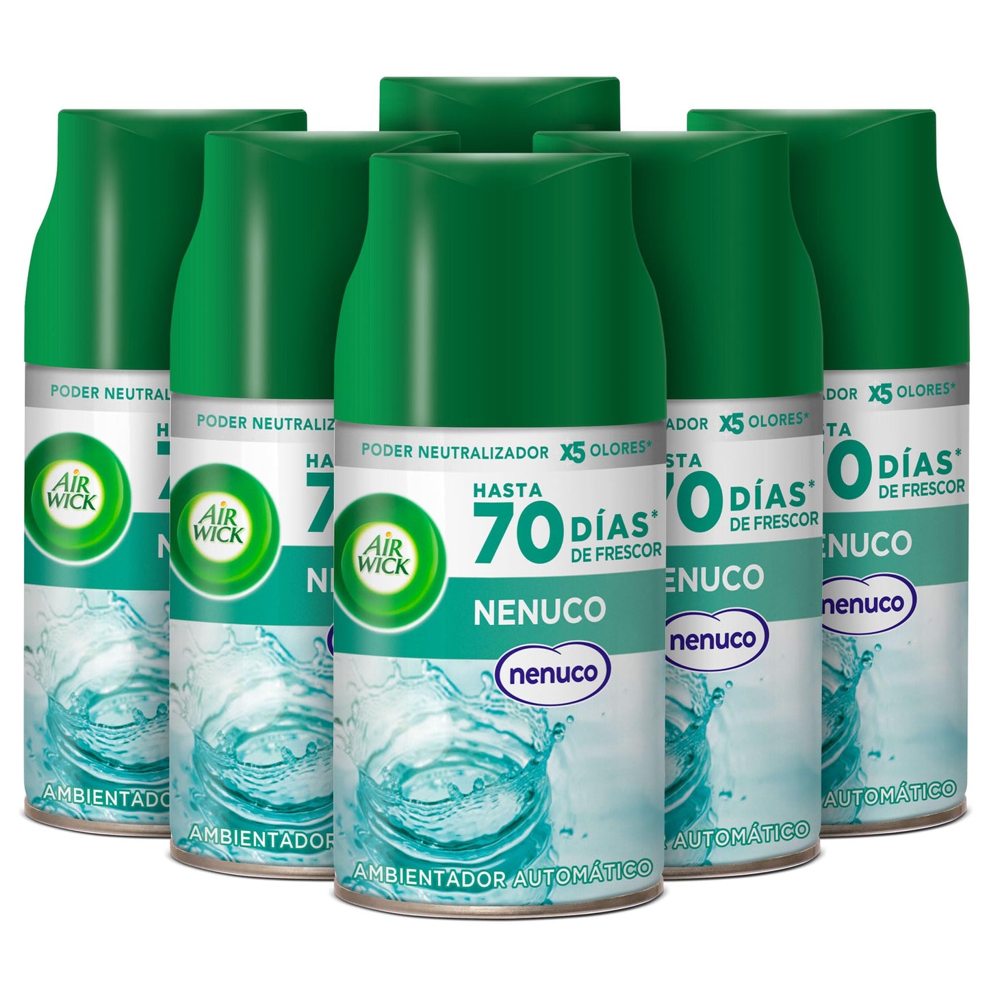Air Wick Freshmatic - Recambios de ambientador spray automático, esencia para casa con aroma a nenuco - Azul, 250 ml (Paquete de 6)