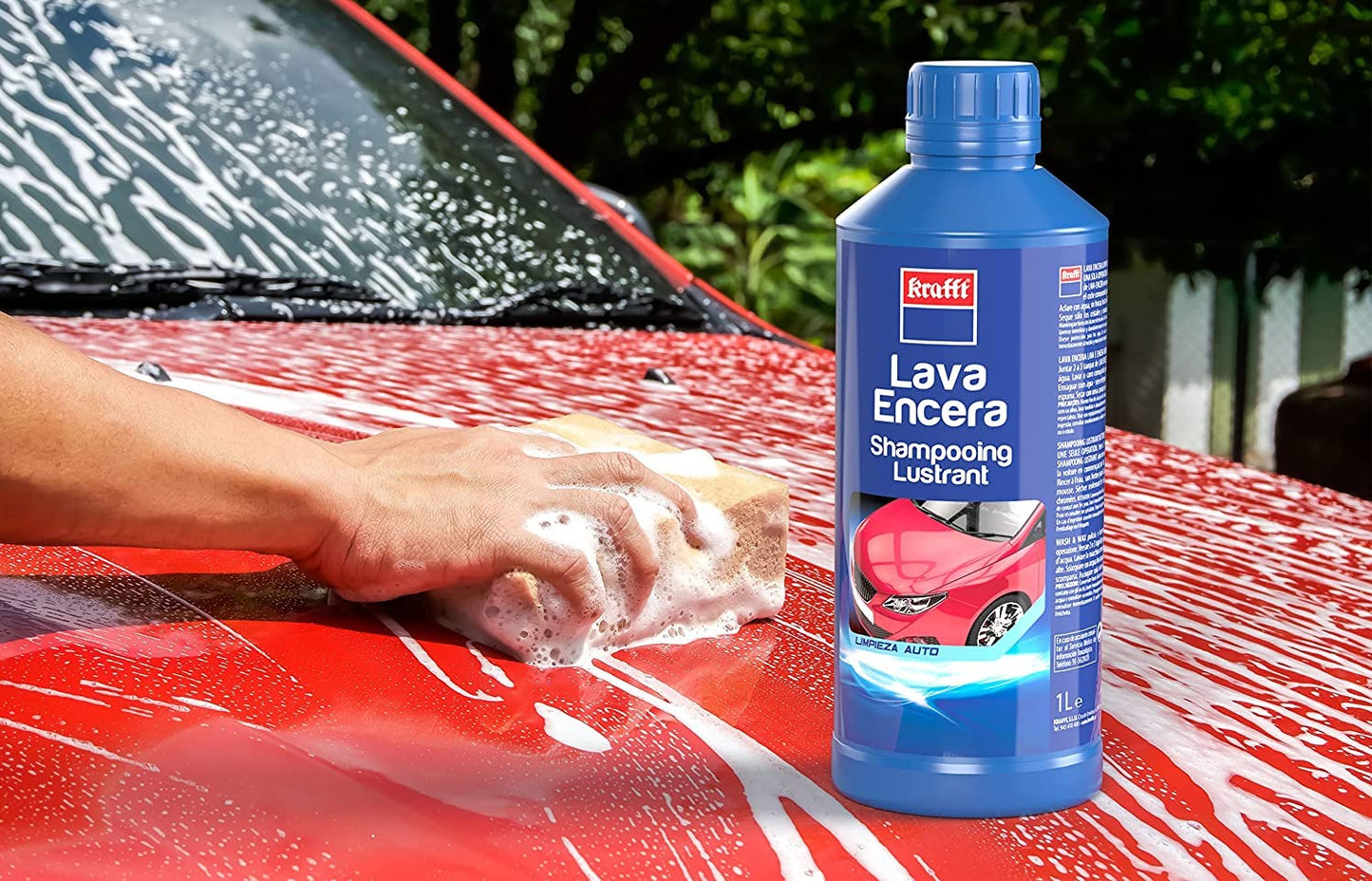 Krafft Lava Encera Coche + Esponja, 2 en 1 Champú Coche + Cera Coche Abrillantadora Carrocería 1 L