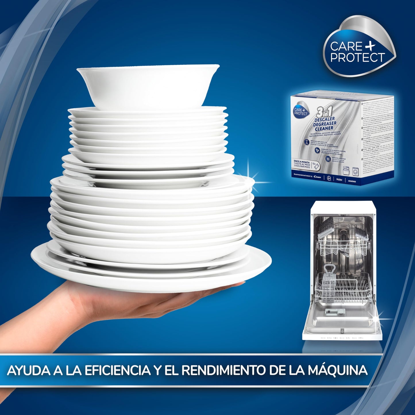 CARE + PROTECT Limpiador Lavadora/Lavavajillas 3 en 1 Eliminador de cal, Desengrasante, Limpiador higiénico, Universal, 12 sobres para 12 meses