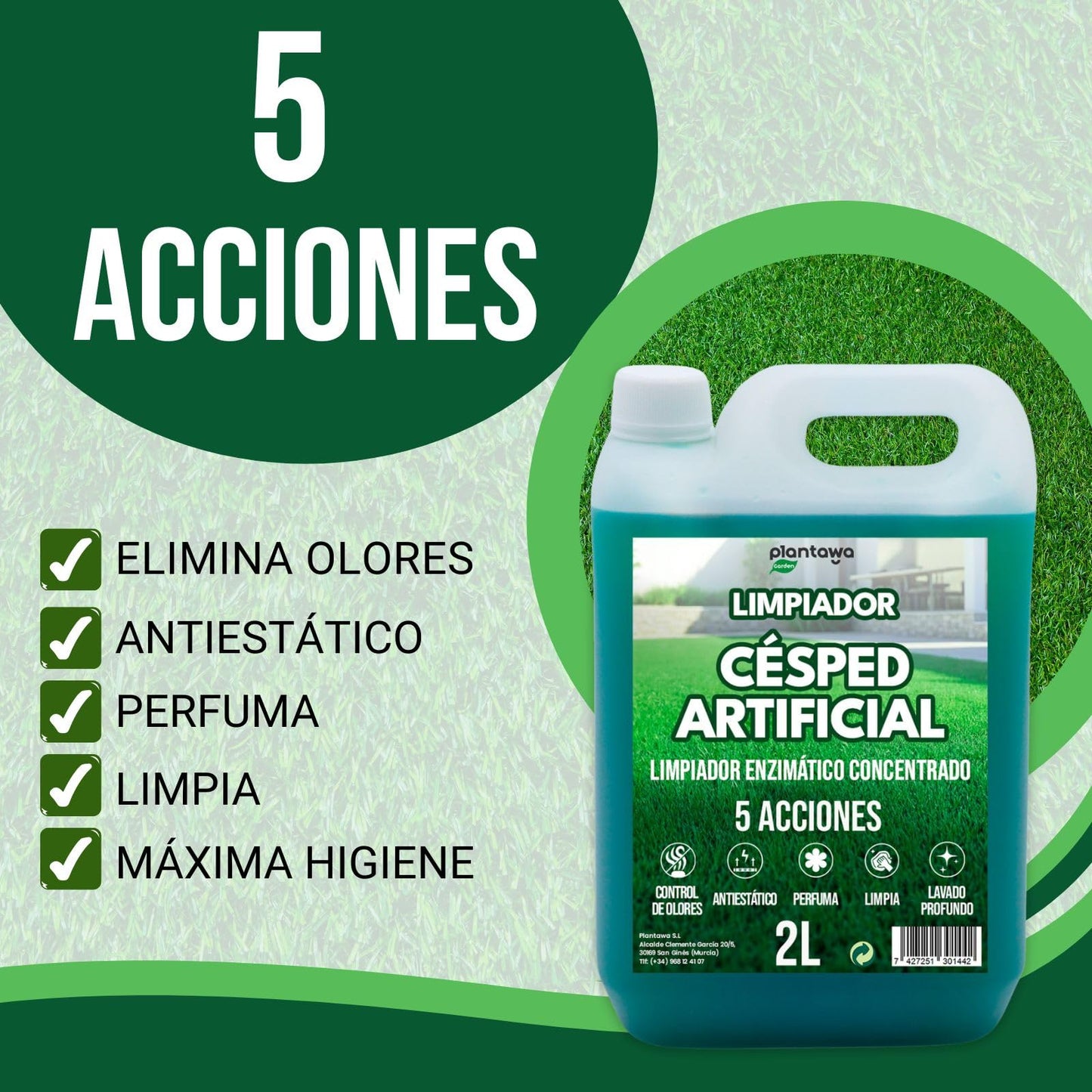 PLANTAWA Limpiador Césped Artificial 2L | Limpia Césped Artificial y Setos | Aroma Fresco y Limpieza Profunda | Multiacción: Control de Olores, Antiestático, Perfume Duradero