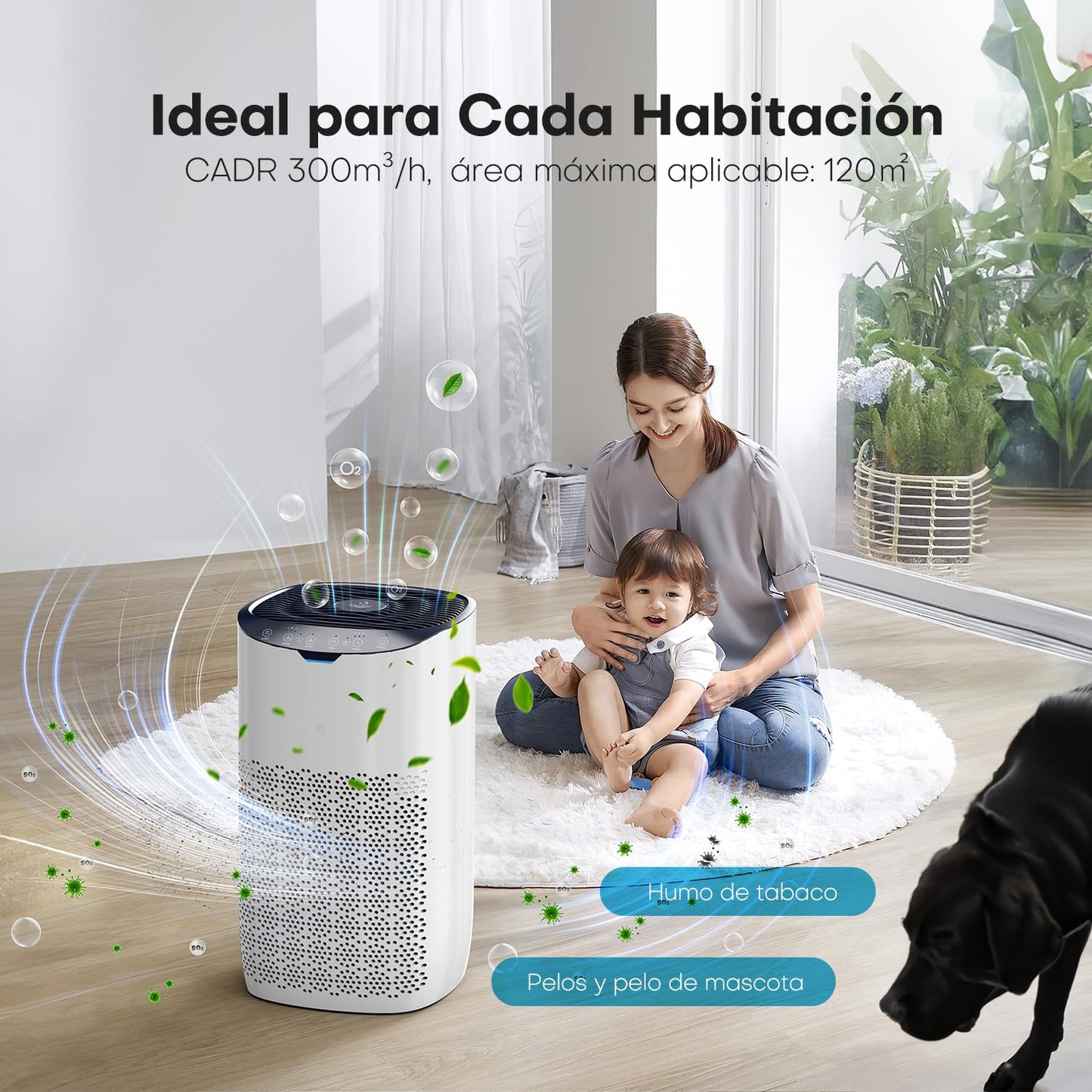 GOAMGE Purificador de Aire para Hogar de 120 ㎡, CADR 300 m³/h, APP Control, Control por Voz, Indicador de Calidad del Aire y Auto Modo, Previene el Polen, el Polvo y el Pelo de Mascotas