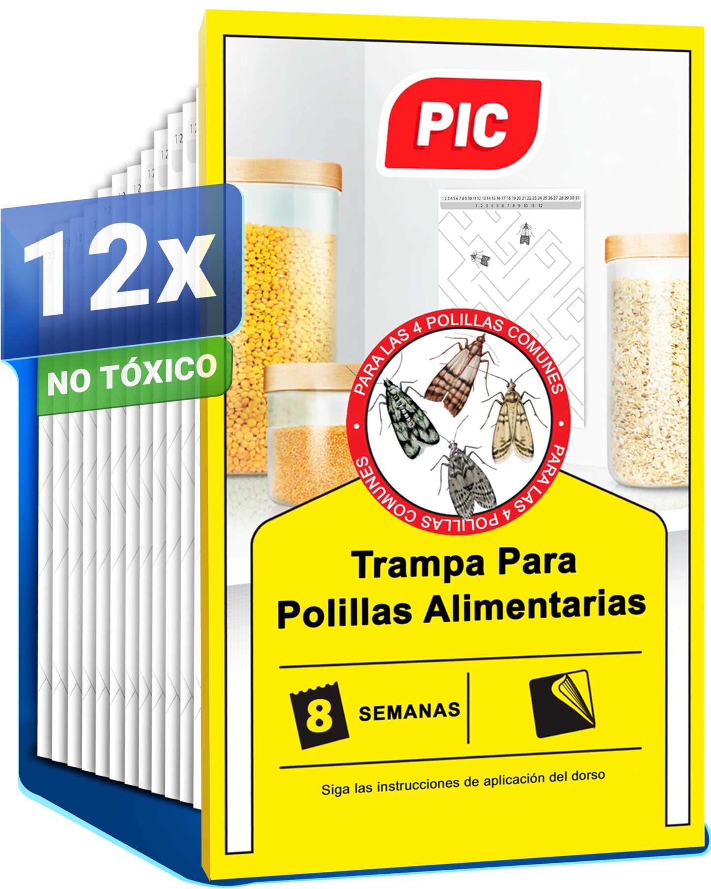 PIC Trampa Polillas Alimentos - 12x Trampas para Polillas de la Comida - Antipolillas Cocina Alimentos - Trampas Adhesivas Eficaces para Determinar la Infestación de Polillas de la Comida