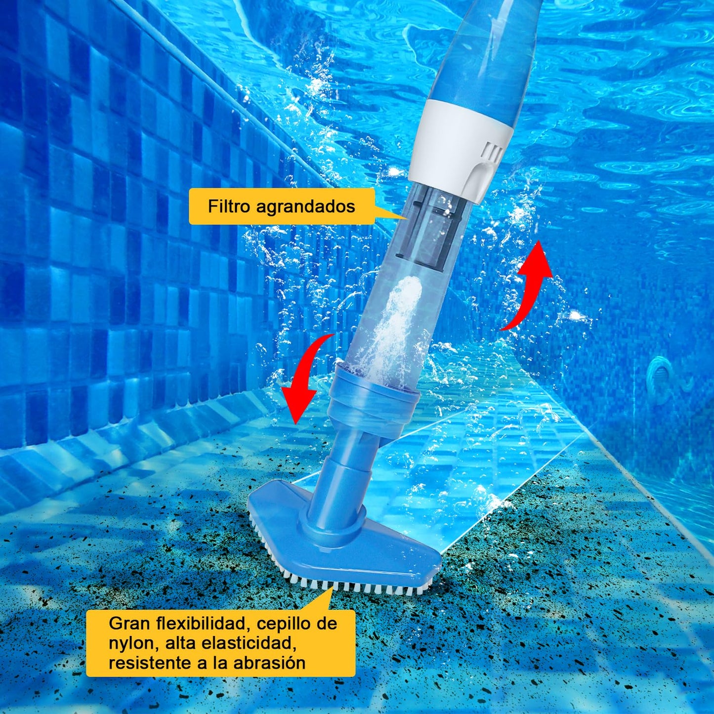 PoolyPoly 3 en 1 Limpiafondos de Piscina a Bateria, Aspirador de Piscina Inalámbrica con Mango Telescópico, Aspiradora Manual para SPA, Piccola Piscina Pequeñas, 90 Minutos Limpieza, Azul