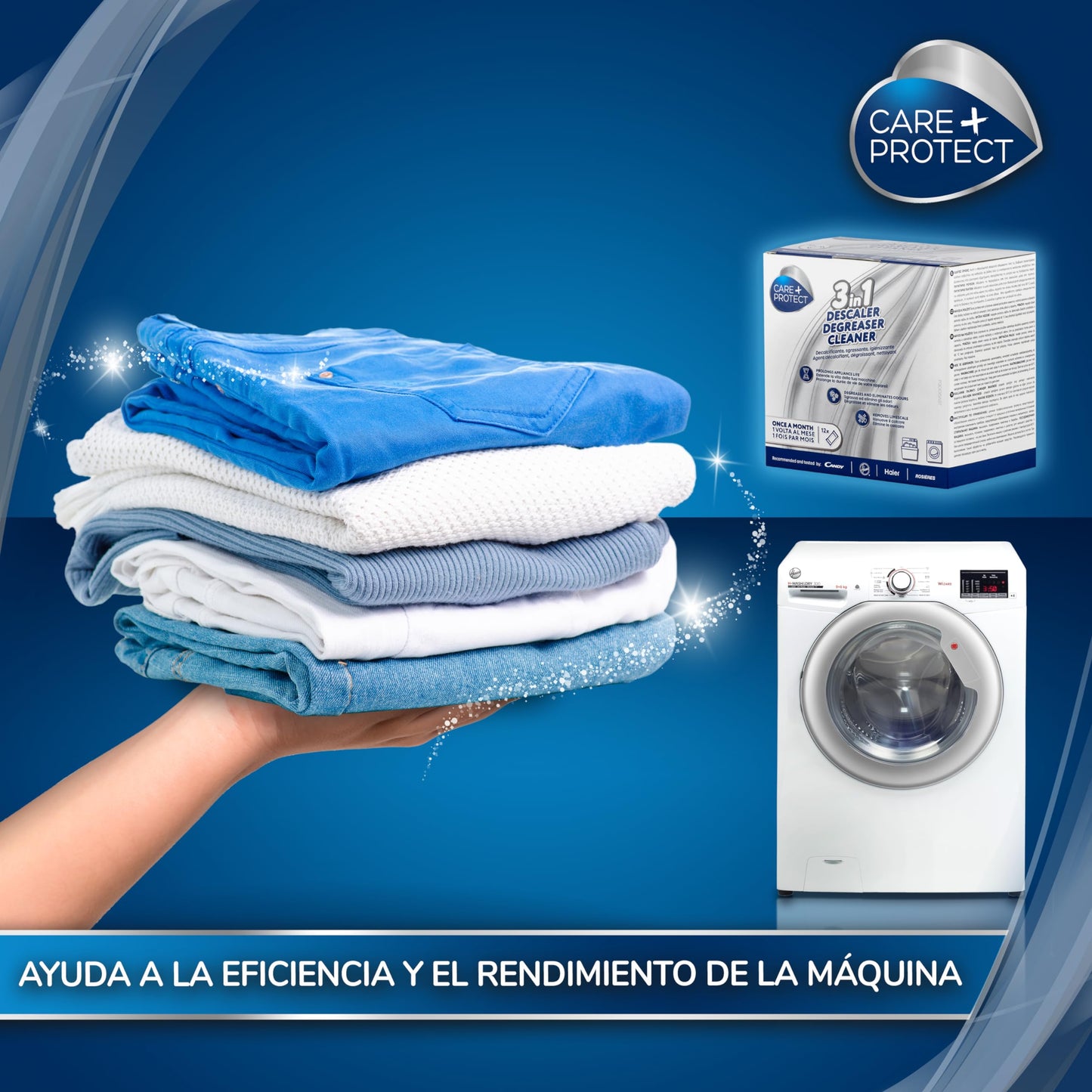 CARE + PROTECT Limpiador Lavadora/Lavavajillas 3 en 1 Eliminador de cal, Desengrasante, Limpiador higiénico, Universal, 12 sobres para 12 meses