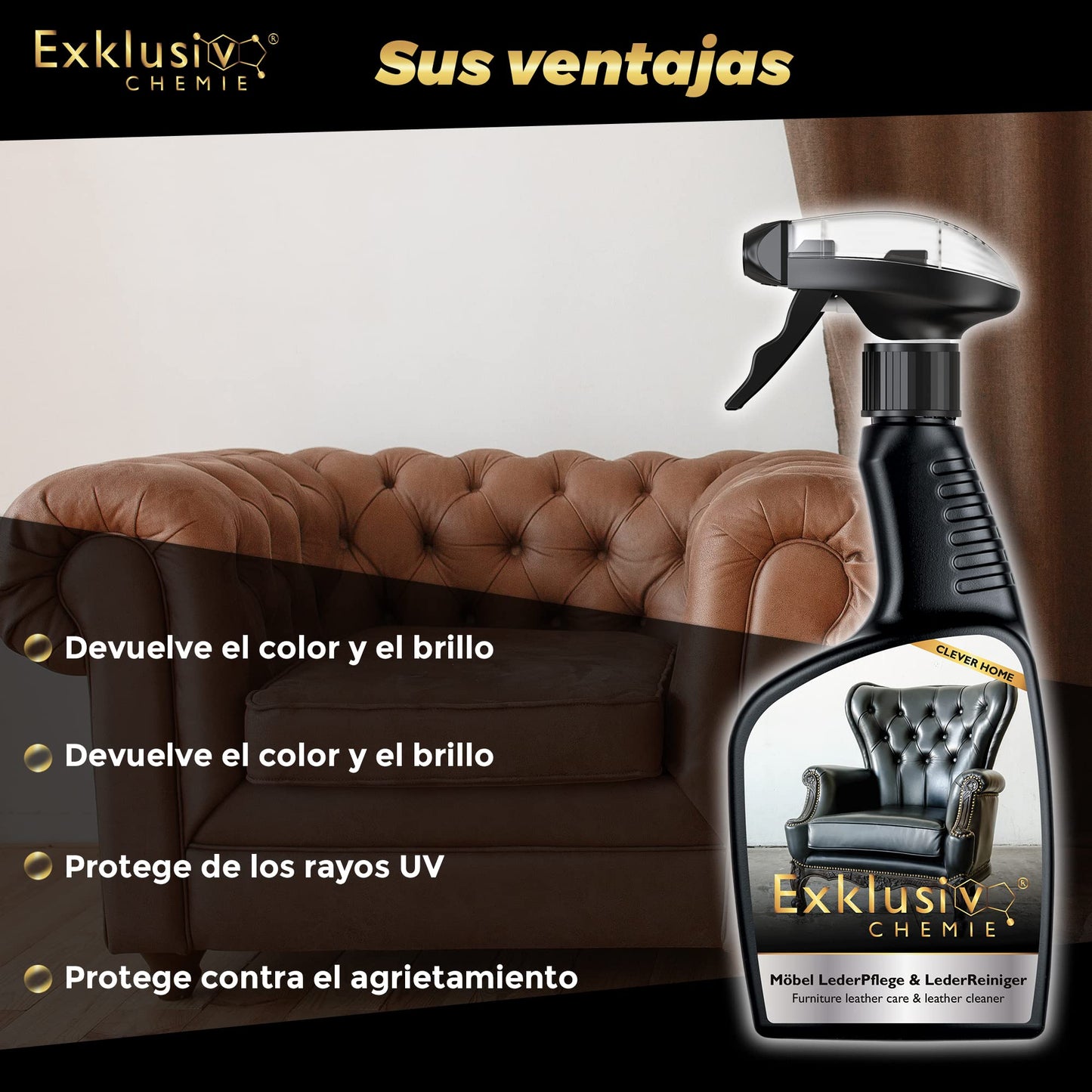 Exklusiv Chemie® Cuidado y Limpieza del Cuero de los Muebles | Cuidado de los Muebles | Cuidado del Cuero | Pulido del Cuero para Muebles de Cuero, sofás de Cuero y sofás | 500 ml