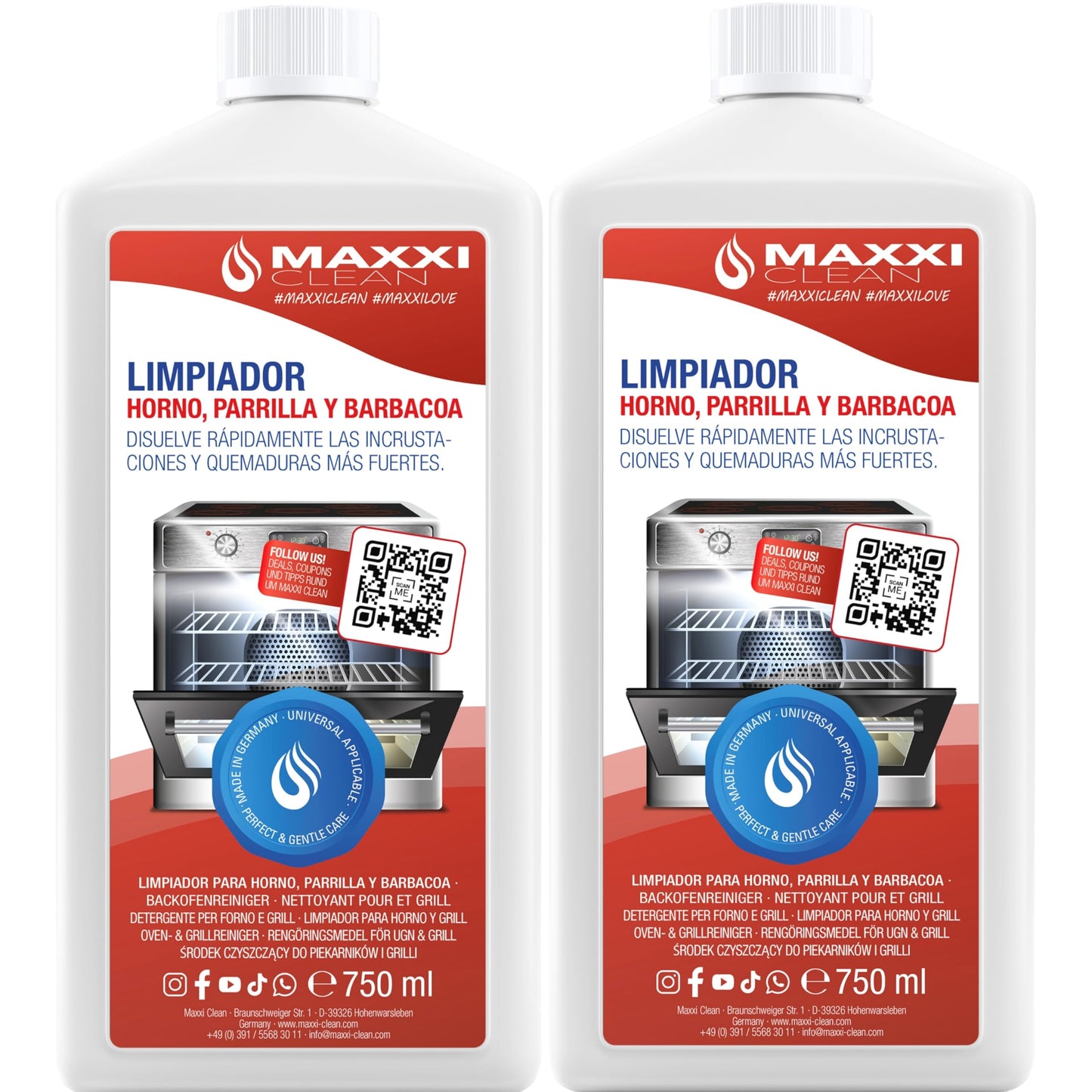 Maxxi Clean | Limpiador de hornos y parrillas extra fuerte (2x 750 ml) | Limpiador y desengrasante de acción automática | para estufas y parrillas | elimina incrustaciones sin calentar