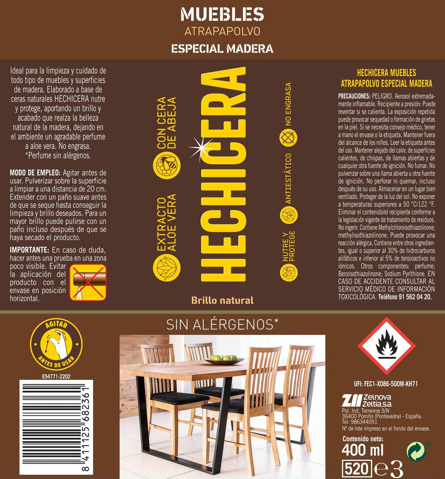 HECHICERA | Aerosol Atrapa Polvo | Para Madera a base de Cera de Abeja | Con Extracto de Aloe Vera | Limpia Muebles| Sin Alérgenos | No Engrasa | Enriquecido con Ceras Naturales | 400 ml