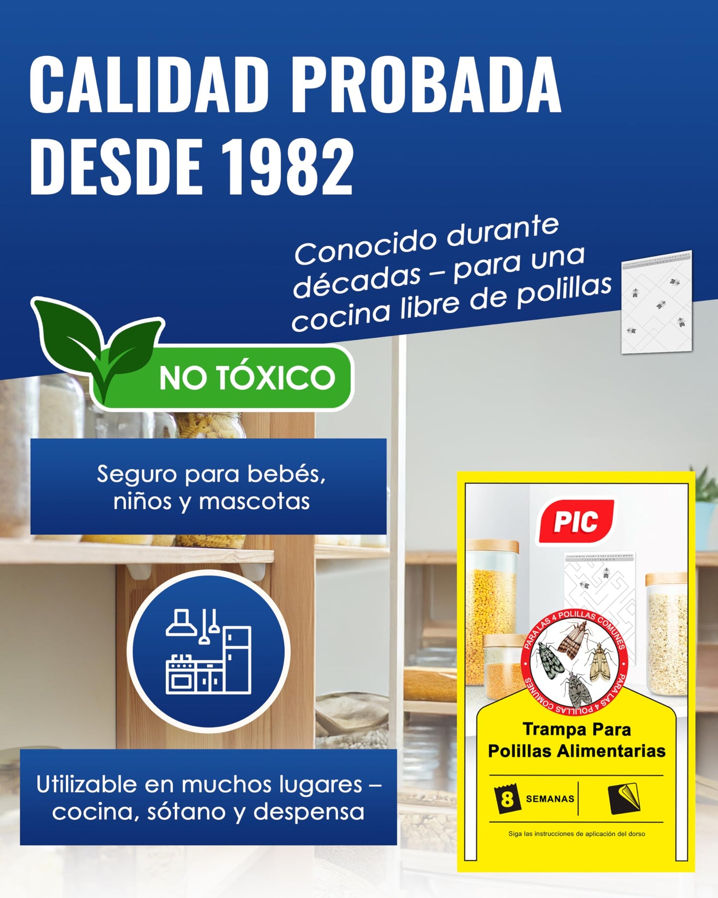 PIC Trampa Polillas Alimentos - 12x Trampas para Polillas de la Comida - Antipolillas Cocina Alimentos - Trampas Adhesivas Eficaces para Determinar la Infestación de Polillas de la Comida