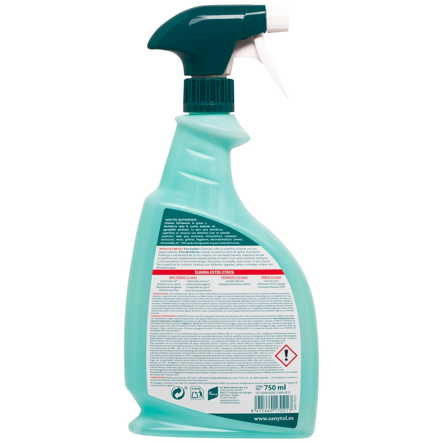 Sanytol - Spray Limpiador Desinfectante Quitagrasas, Desengrasa y Elimina el 99,9% de Gérmenes Sin Lejía, Perfume Limón - 750 ml