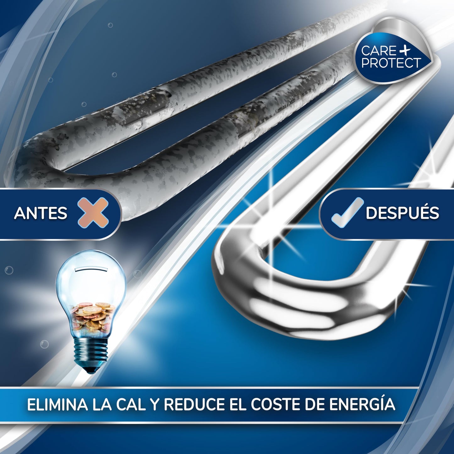CARE + PROTECT Limpiador Lavadora/Lavavajillas 3 en 1 Eliminador de cal, Desengrasante, Limpiador higiénico, Universal, 12 sobres para 12 meses