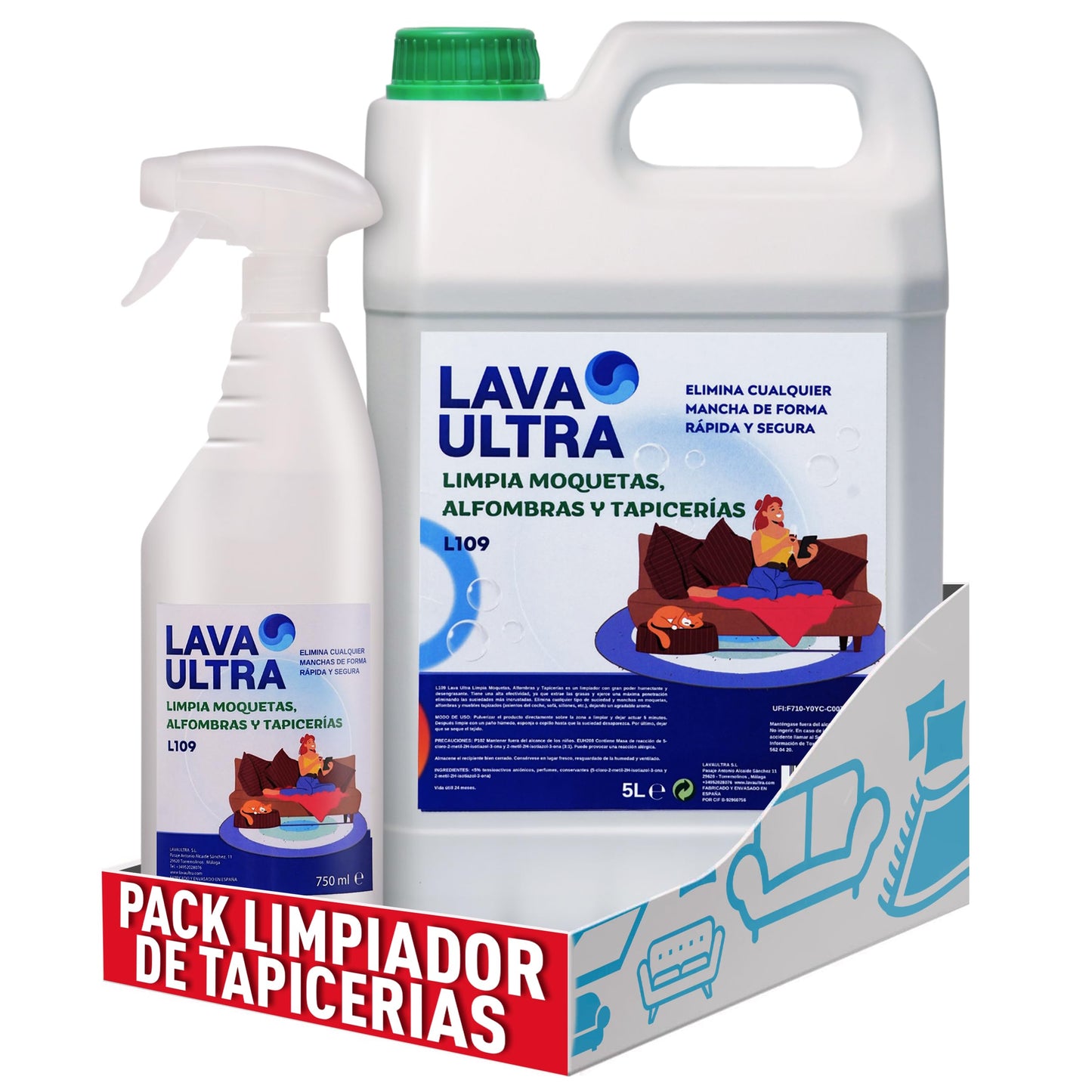 LavaUltra L109 Limpiador para Moquetas y Tapicerías, 5 Litros + Spray 750ml, Limpiador para Alfombras, Sofás y Textiles en Spray, Eficaz Contra Manchas Difíciles, Quitamanchas Profesional