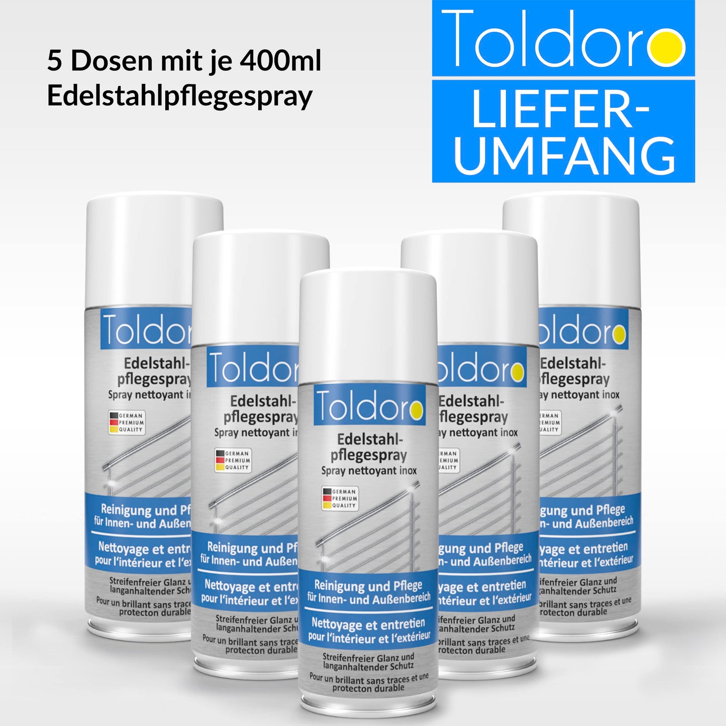 Toldoro 5 aerosoles de cuidado de acero inoxidable 400 ml/limpiador de acero inoxidable para cocina o parrilla/cuidado de acero inoxidable, como limpiador de acero inoxidable o limpiador de metal como