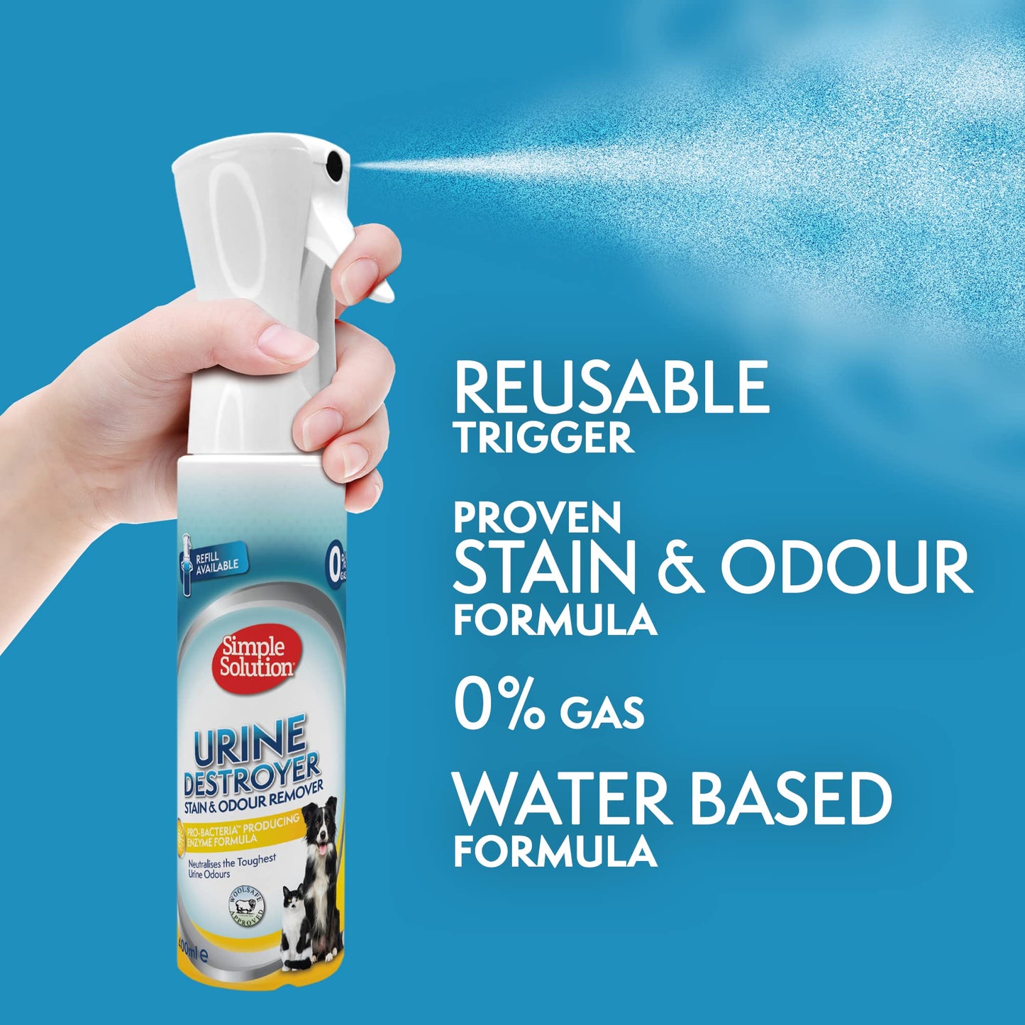 Simple Solution Nueva tecnología de pulverización, Destructor de orina Removedor de Manchas y olores para Mascotas con Poder de Limpieza Pro-bacterias - 400ml
