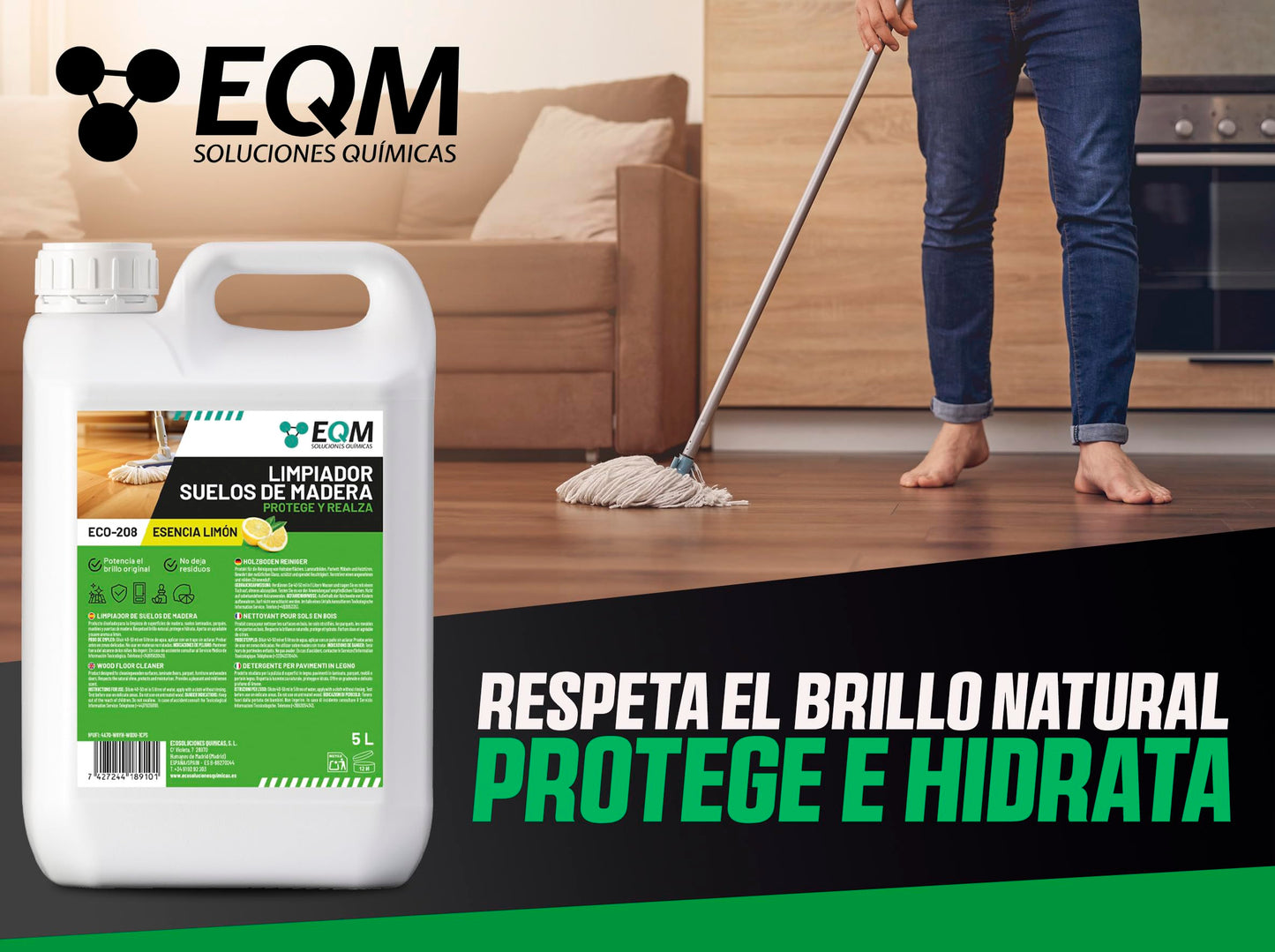 EQM - ECO-208 - Limpiador de Suelos de Madera - 5L - Limpia, Protege e Hidrata – Suelos de parquet, tarima y laminados – También válido para muebles, puertas y armarios