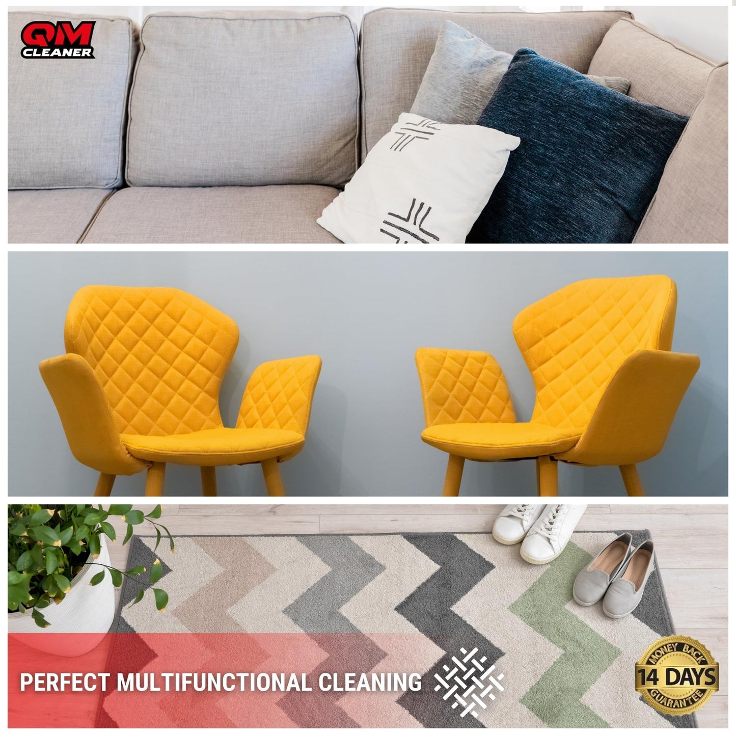 QM Cleaner Limpia Tapicerías Profesional para Limpiar Asientos Coche, Neutraliza Olores | para Alfombras, Tapicerías, Moquetas, Alcántara (Kit 1L + Cepillo + Paño)