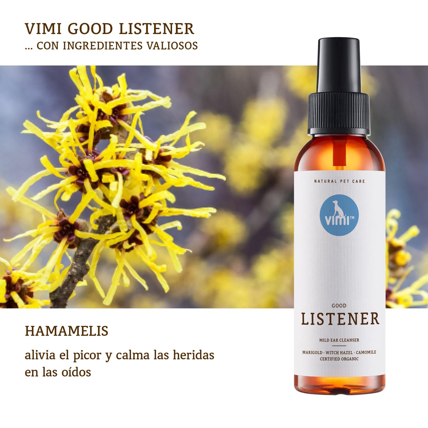 animaux Vimi Good Listener – Limpiador de oídos para orejas sensibles de perro y gato, 100 ml, con manzanilla, caléndula y magia para una limpieza profunda y suave