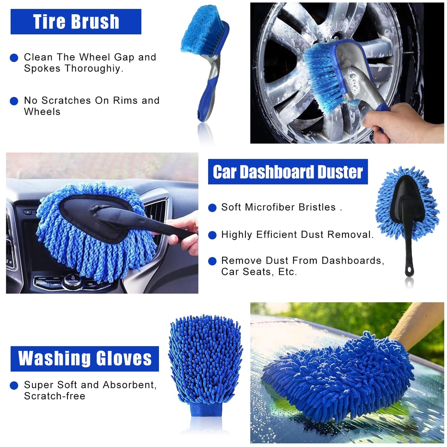 HOVIBU Kit Limpieza Coche, 30 Piezas Juego de Limpieza de Coche para Interior y Exterior, Set de Lavado de Coches con Cepillos, Esponjas de Pulido, Paños de Microfibra, Práctica Bolsa