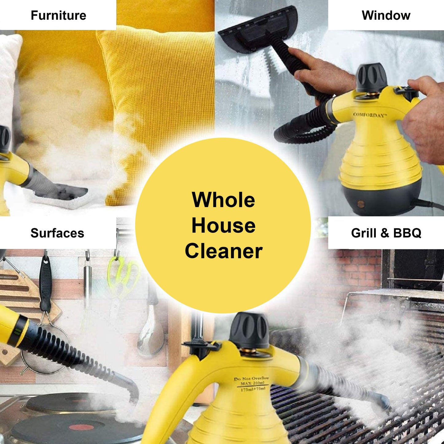 COMFORDAY Limpiador de Vapor de Mano, Limpiador de Vapores Portátil de Usos Múltiples con 9 Accesorios para Quitar Manchas, Alfombras, Cortinas, Asientos de Auto, Cocina, Chinches, Piso, Baño