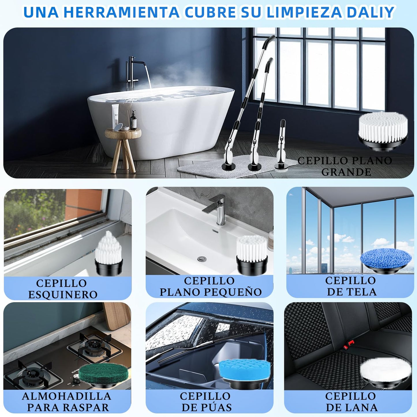 Cepillo Electrico Limpieza Hogar, Cepillo Limpieza Hogar con 4 Ángulos Ajustables, 7 Cabezales de Cepillo, 3 Opciones de Longitud, 90 Minutos de Autonomía, 2 Modos de Velocidad, para Baño, Suelo