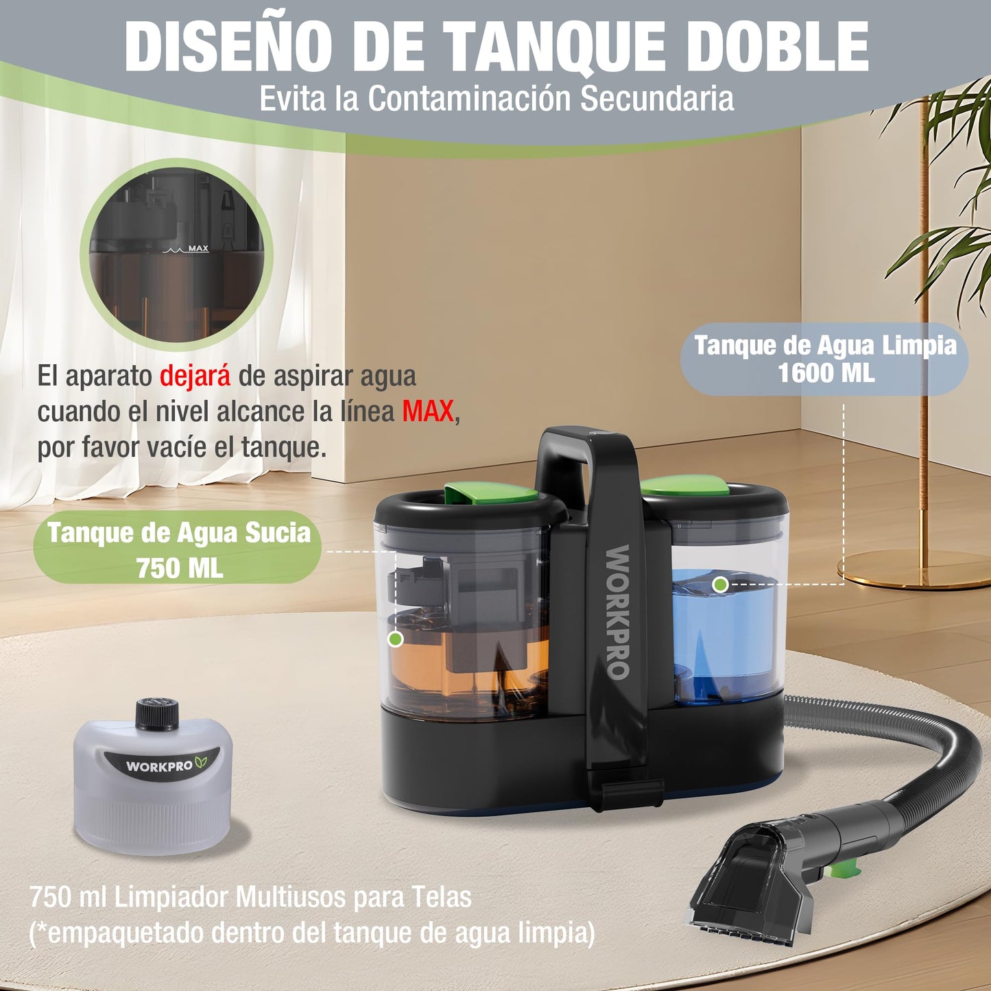 WORKPRO Aspiradora de Agua Tapiceria, Limpiador de Tapicerias de 450W, Aspiradora para Alfombras con Detergente, Limpia Moquetas, Maquina Aspirador para Tapicerias, Sofá, 75 dB