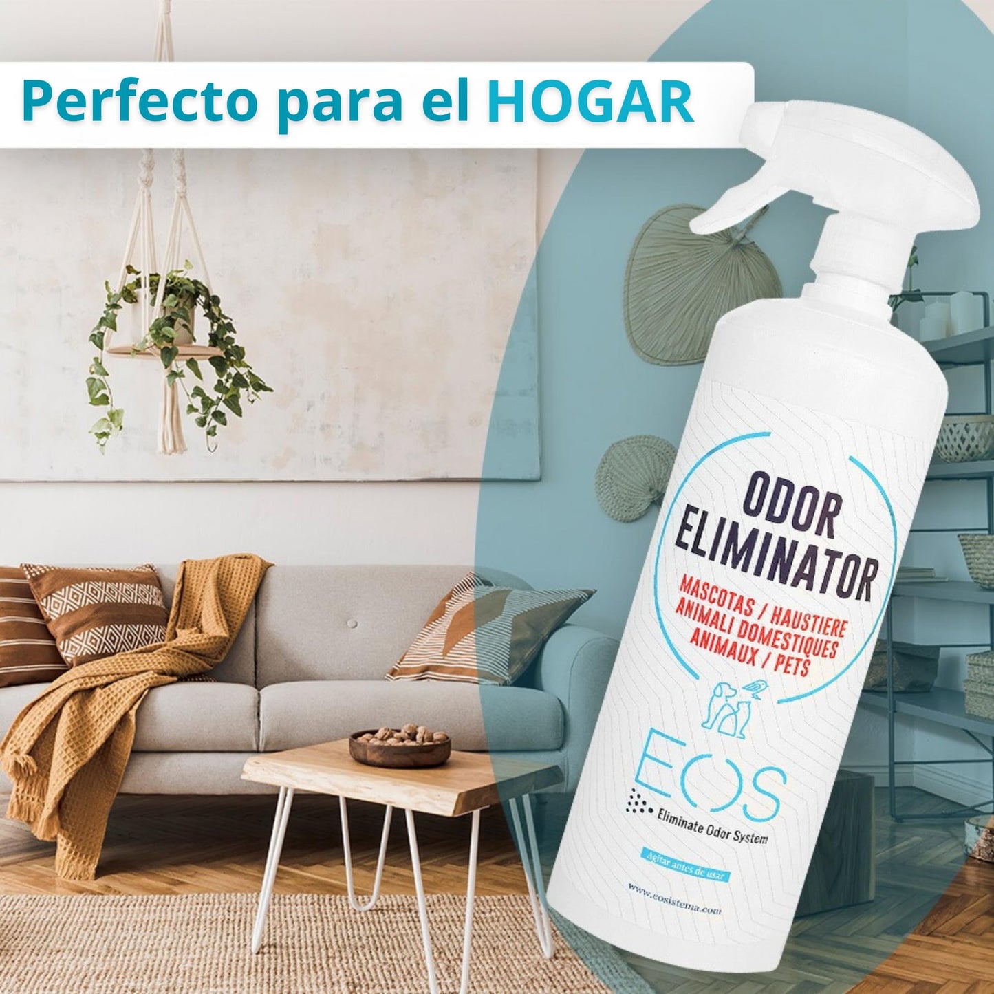 EOS (1 litro) Eliminador de olores Mascotas al instante. Anti olor orines de Perros, Gatos. Aplicar en sofás, arenero, césped, Coche. Neutralizador de micciones gatos.