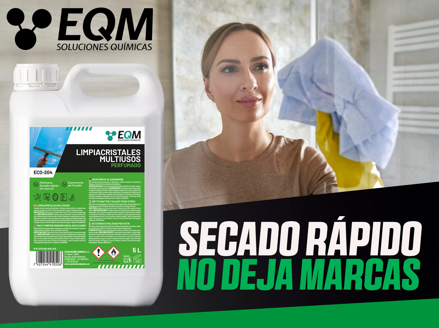 EQM - ECO-204 - Limpiacristales Multiusos Profesional - 5L - Limpieza Rápida, Sin Rastros Ni Marcas - Aroma fresco y envolvente