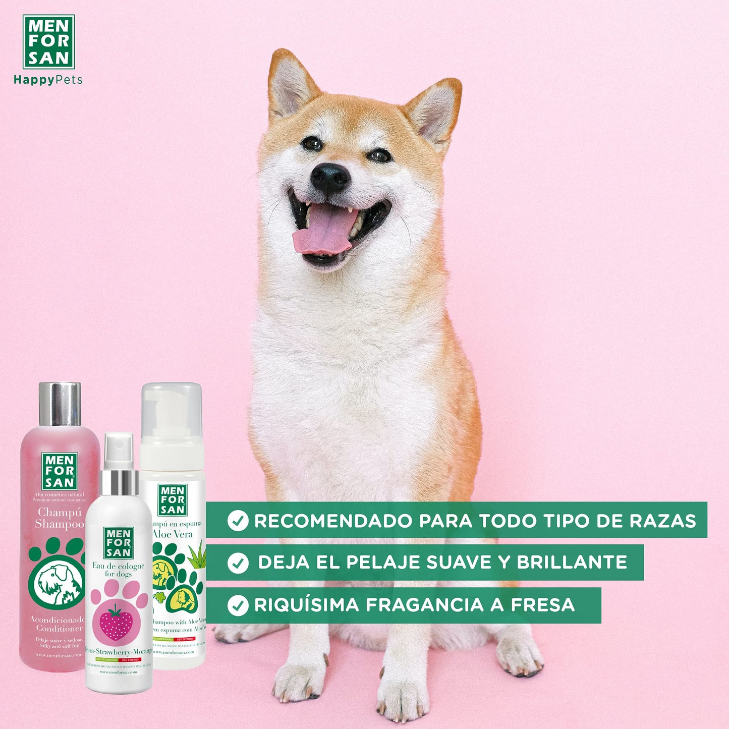 MENFORSAN Pack Higiene y Belleza, Champú Acondicionador, 300ml, Colonia Fresa 125ml, Champú en Espuma para Perros y Gatos 200ml, Rico Aroma a Fresa