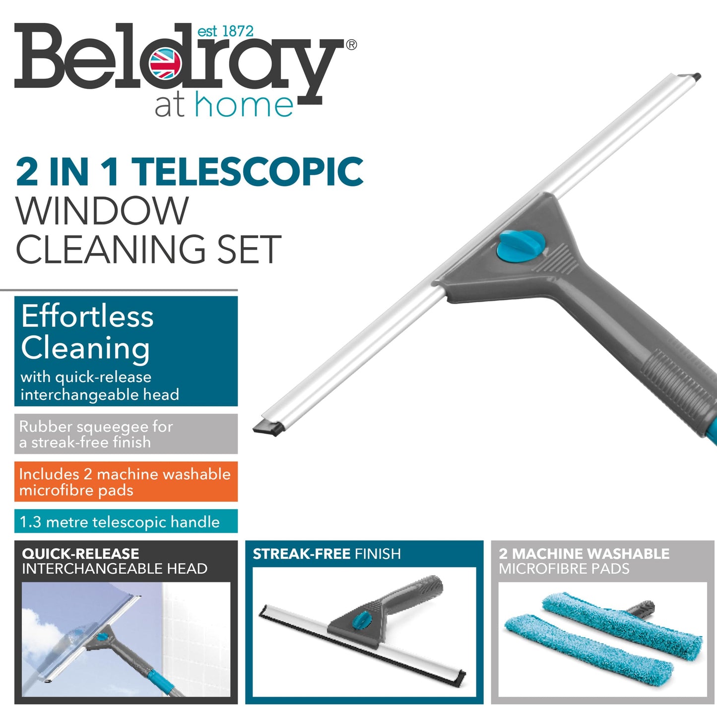 Beldray LA028693TQ Limpiacristales Y Mojador Para Ventanas Con Mango Telescópico De 130 cm, Incluye Almohadillas De Microfibra,Conjunto De 5 Piezas, Turquesa,Juego de limpieza de ventanas de 5 piezas