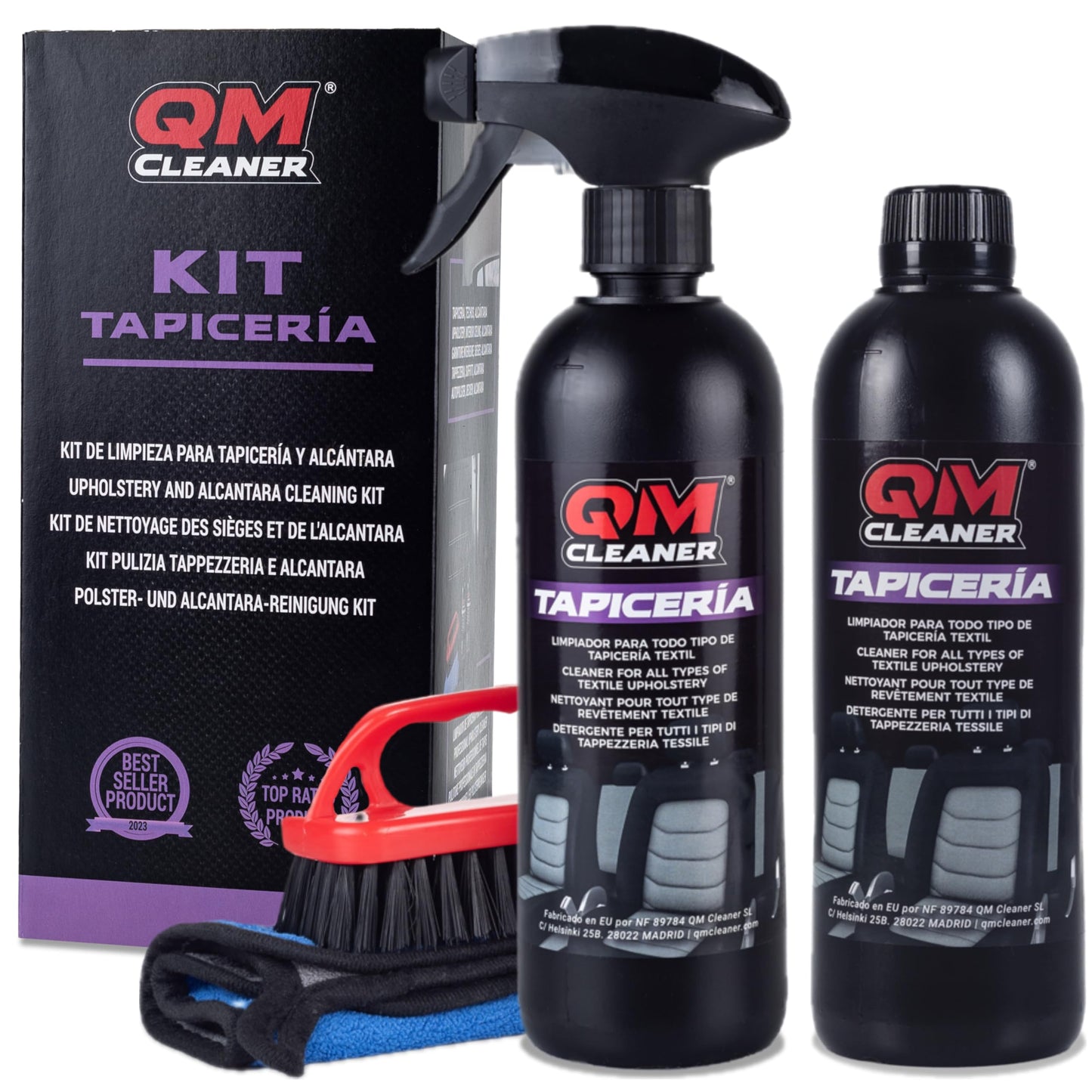 QM Cleaner Limpia Tapicerías Profesional para Limpiar Asientos Coche, Neutraliza Olores | para Alfombras, Tapicerías, Moquetas, Alcántara (Kit 1L + Cepillo + Paño)