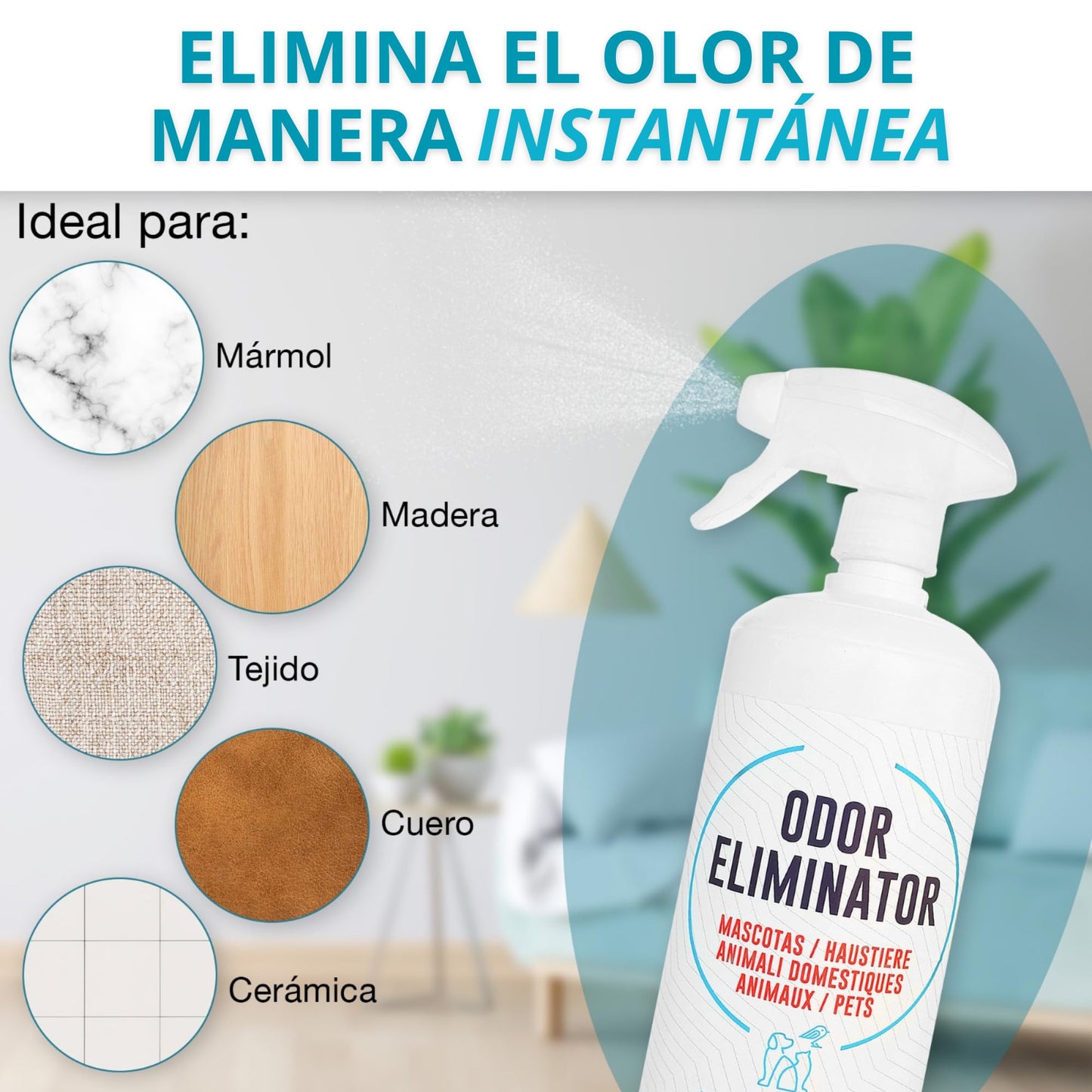 EOS (1 litro) Eliminador de olores Mascotas al instante. Anti olor orines de Perros, Gatos. Aplicar en sofás, arenero, césped, Coche. Neutralizador de micciones gatos.