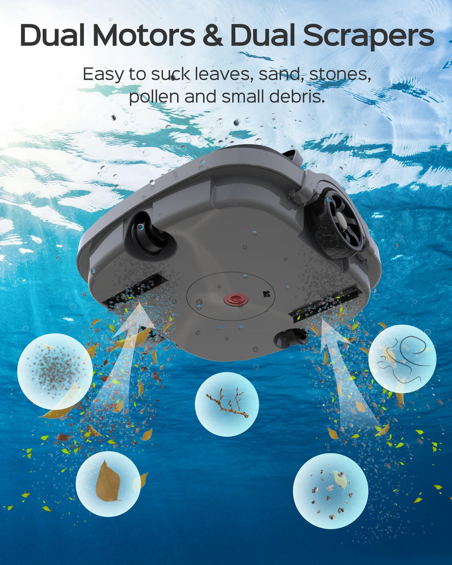 WYBOT Robot Limpiafondos Piscina Electrico, 100 Mins Estacionamiento Automático, Sin Cable Robot Limpiafondos Piscina con Motores de Doble Tracción para Aspirador Piscinas de hasta 80m² Gris Oscuro