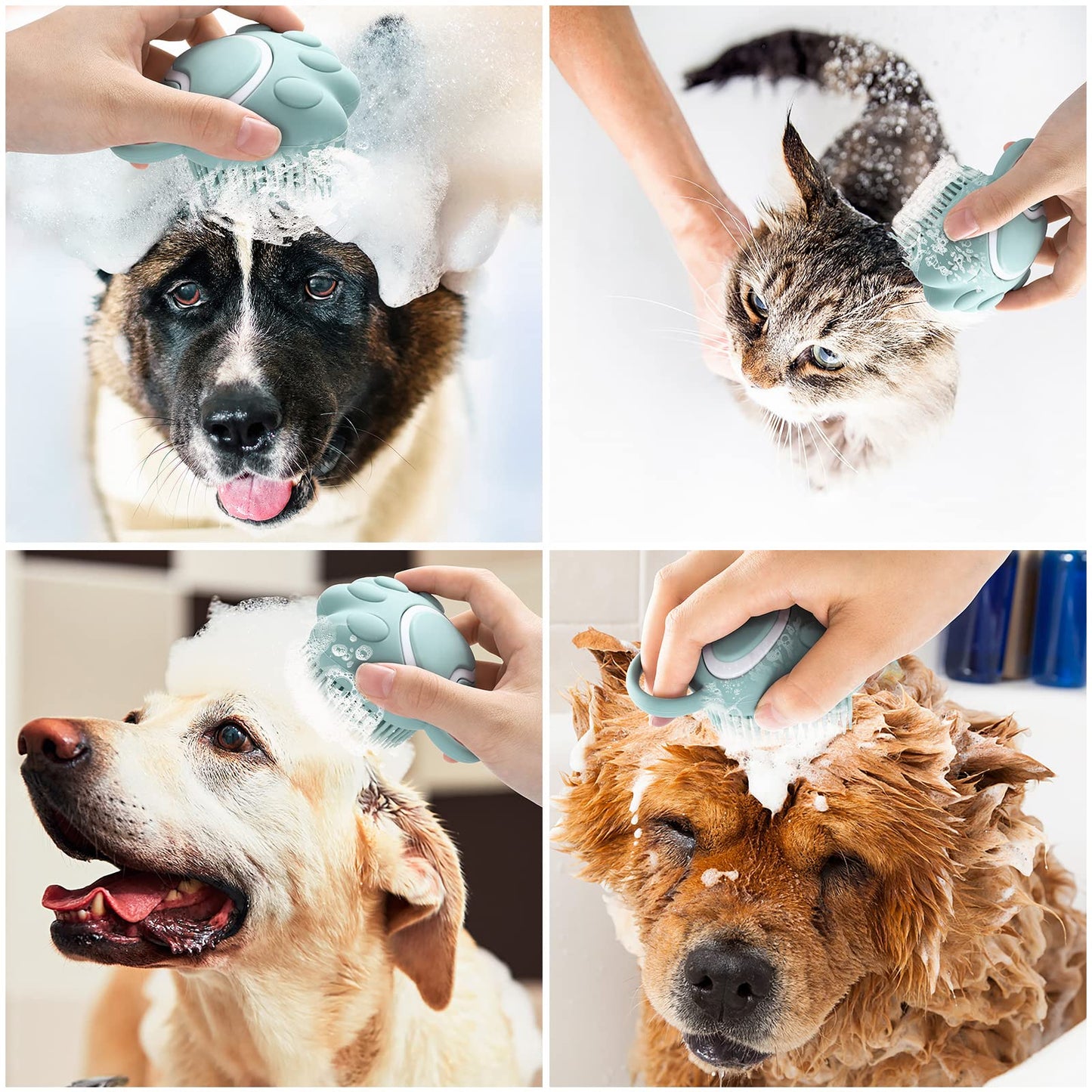TIESOME Cepillo de Baño para Perros y Gatos, Dispensador de Champú de Silicona, Suave Cepillo de Ducha para el Lavado de Mascotas de Pelo Corto y Largo (Azul en forma de pata)