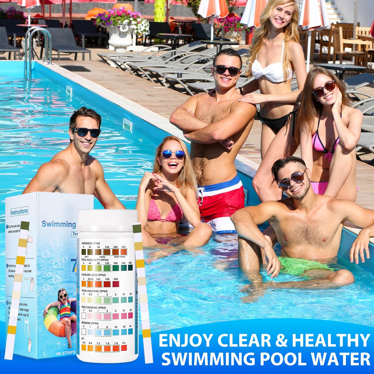 Accevo 7 en 1 Tiras de Prueba para Piscina y Spa, Kit de Prueba para 100 Piscinas, Tiras de Prueba para pH, Cloro Total, Alcalinidad Total, Dureza, Cloro Libre, Bromo, Acido Cianurico
