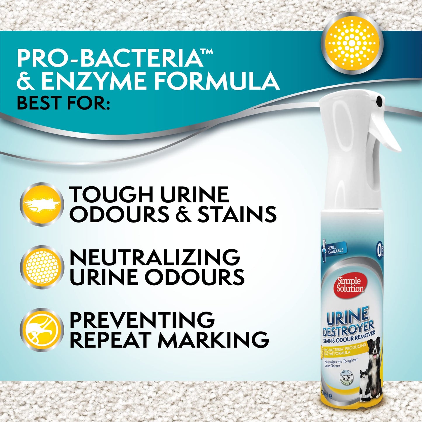 Simple Solution Nueva tecnología de pulverización, Destructor de orina Removedor de Manchas y olores para Mascotas con Poder de Limpieza Pro-bacterias - 400ml