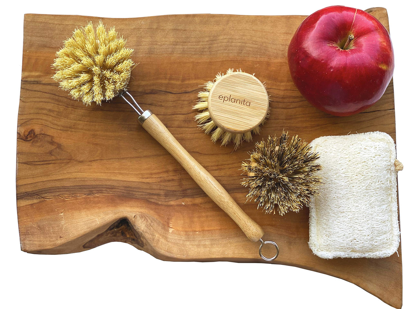 eplanita Cepillo de Vajilla Natural, 3 Cabezales de Recambio, Cepillos de Cocina de Bambú Ecológico, Esponja Vegetal Extra, Lavado sin Plástico, Limpieza Cero Residuos