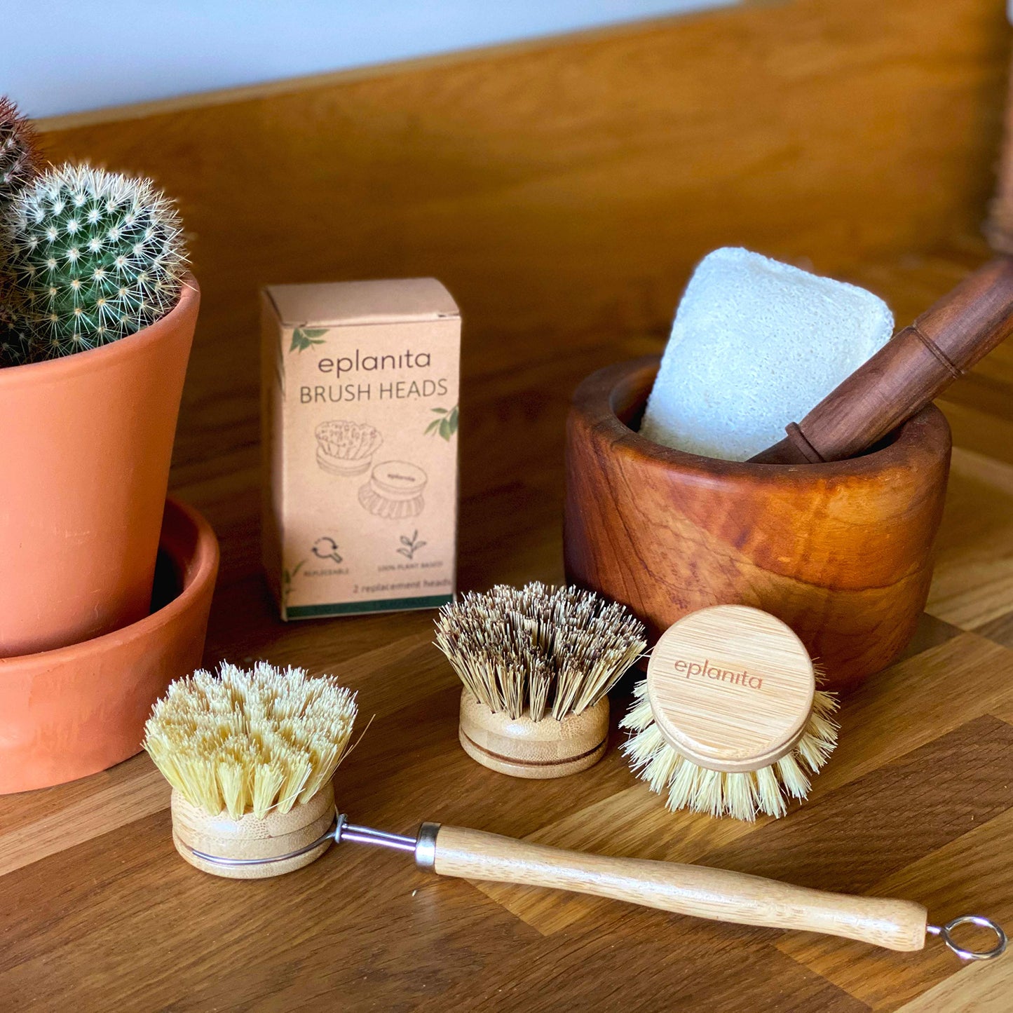eplanita Cepillo de Vajilla Natural, 3 Cabezales de Recambio, Cepillos de Cocina de Bambú Ecológico, Esponja Vegetal Extra, Lavado sin Plástico, Limpieza Cero Residuos