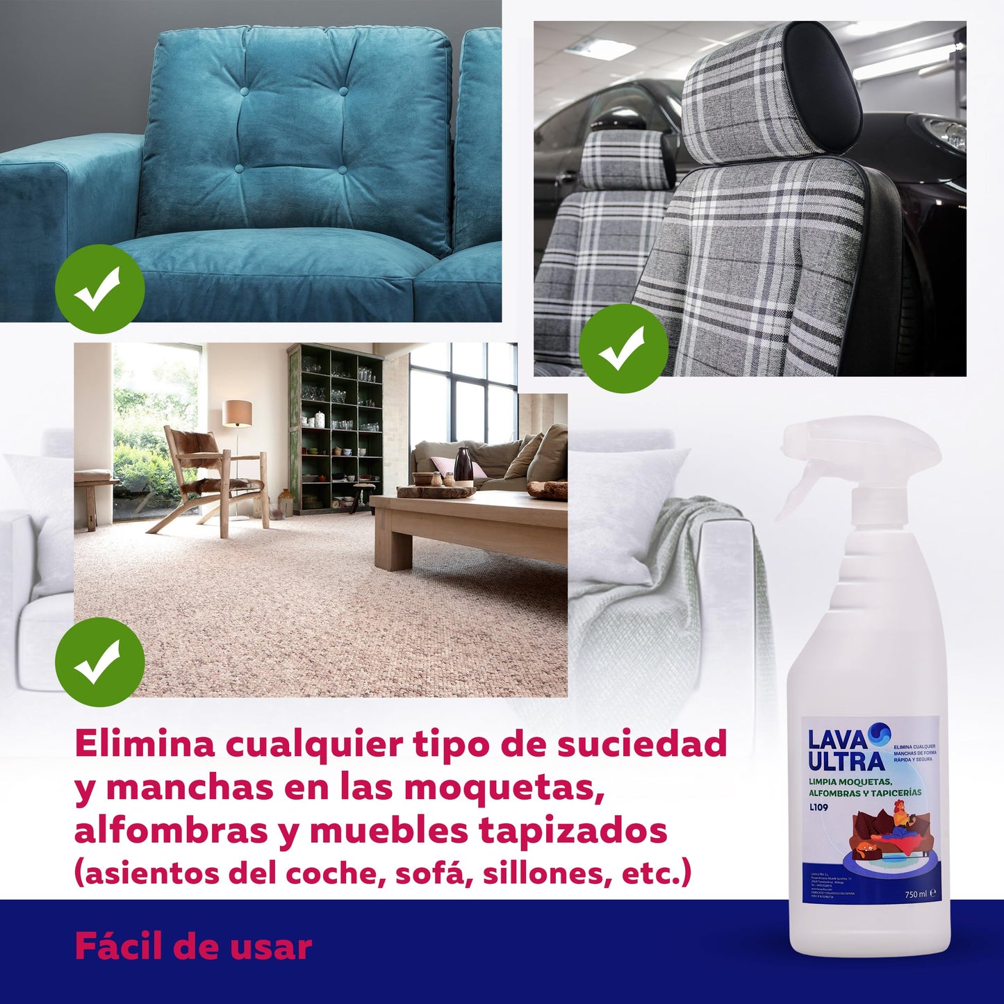LavaUltra L109 Limpiador para Moquetas y Tapicerías, 5 Litros + Spray 750ml, Limpiador para Alfombras, Sofás y Textiles en Spray, Eficaz Contra Manchas Difíciles, Quitamanchas Profesional