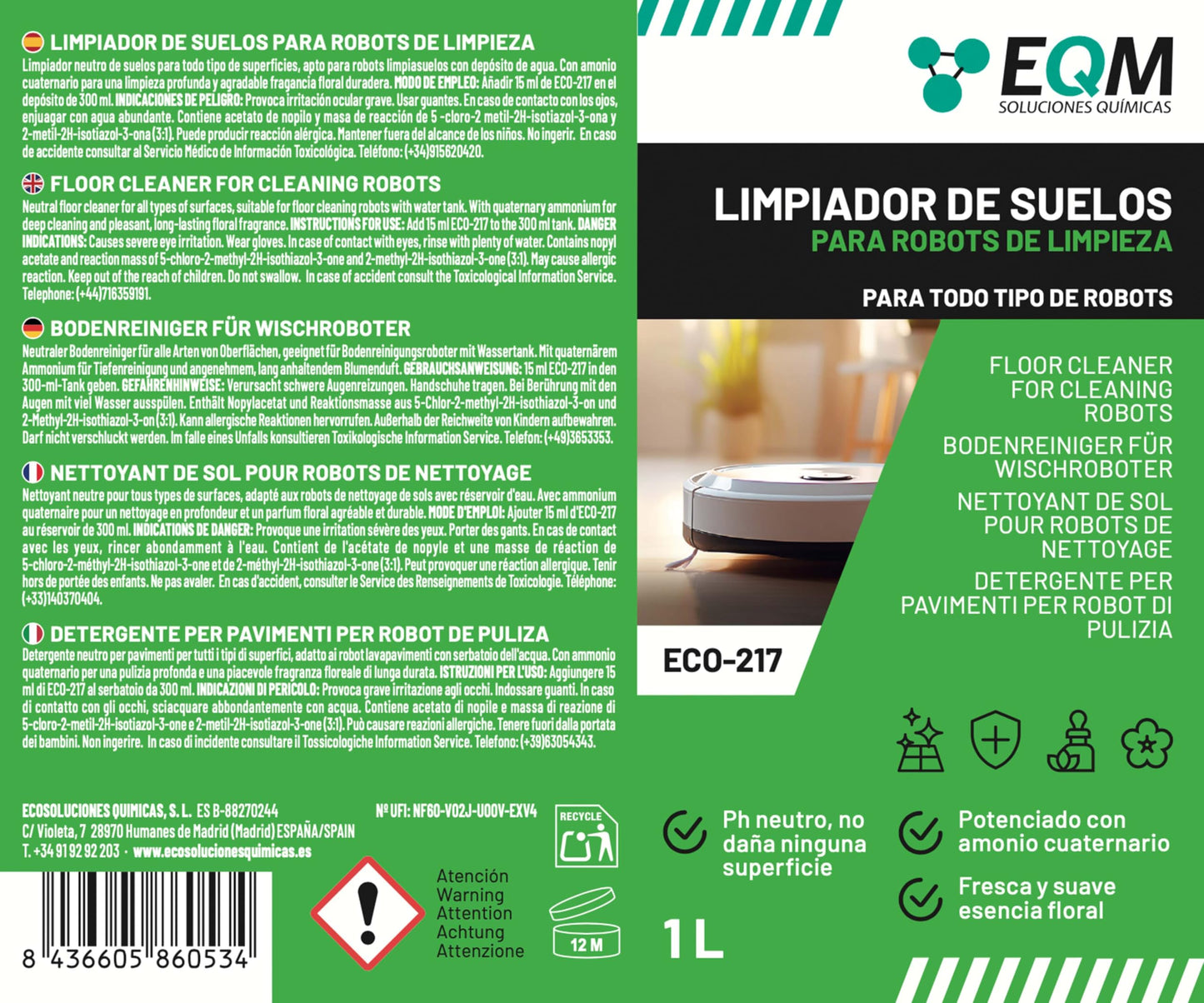 EQM - ECO-217 - Limpiador de suelos para robots de limpieza - 1L - Válido para cualquier superficie gracias a su pH neutro - Agradable aroma floral