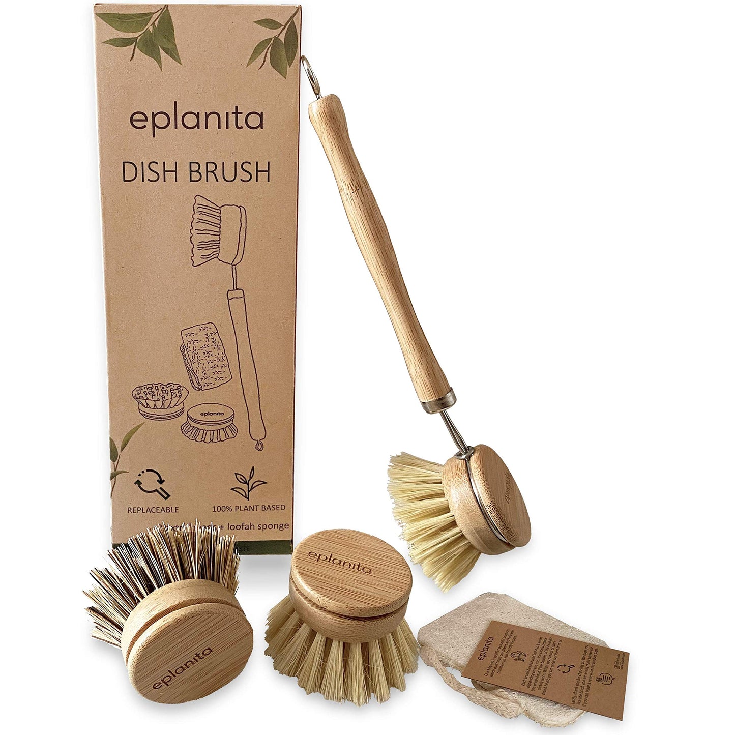 eplanita Cepillo de Vajilla Natural, 3 Cabezales de Recambio, Cepillos de Cocina de Bambú Ecológico, Esponja Vegetal Extra, Lavado sin Plástico, Limpieza Cero Residuos