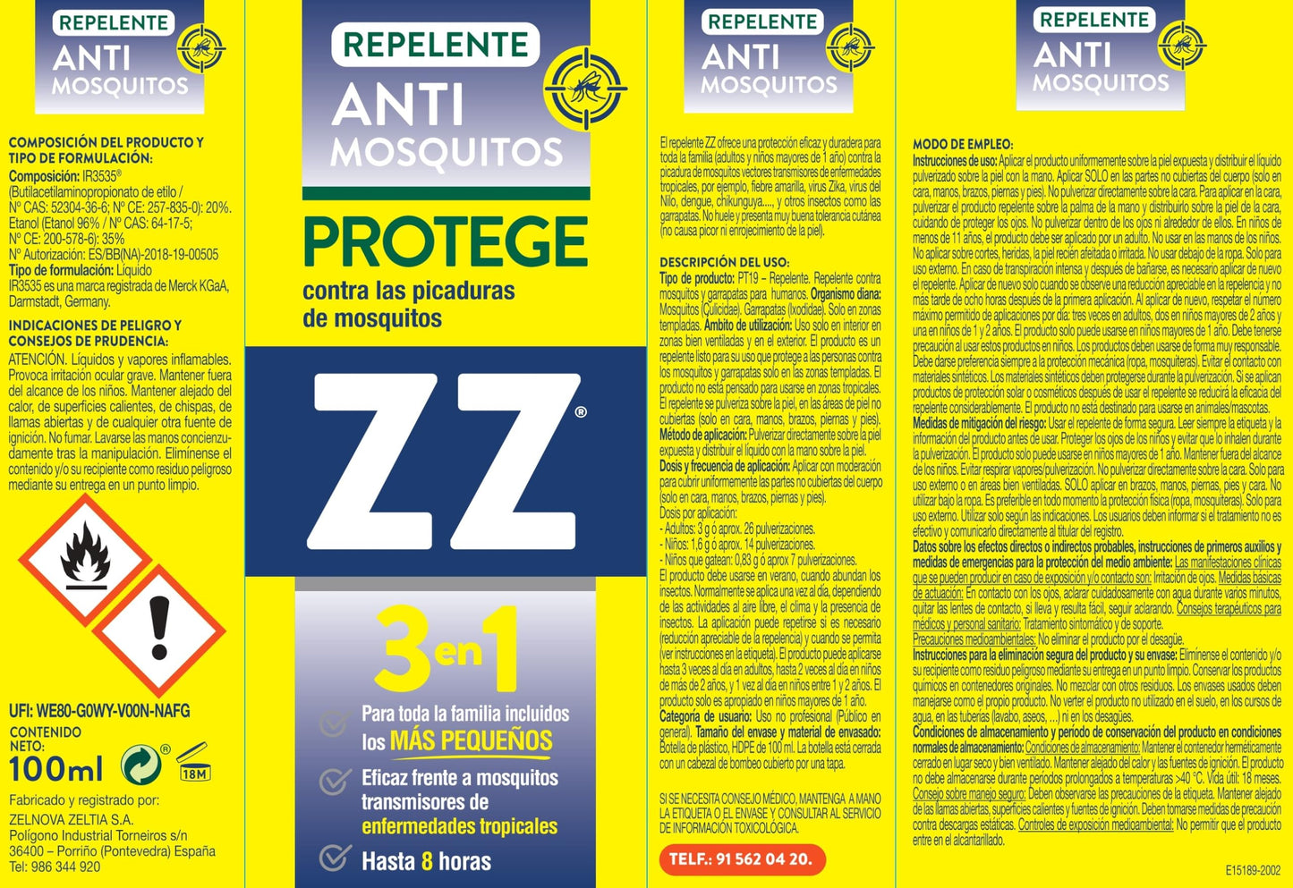 ZZ | Repelente Antimosquitos | Eficaz Contra Mosquitos Transmisores de Enfermedades Tropicales | Sin Olor | Apto a Partir de 1 Año | 8 Horas de Protección | Defensa Integral Contra Mosquitos | 100 ml